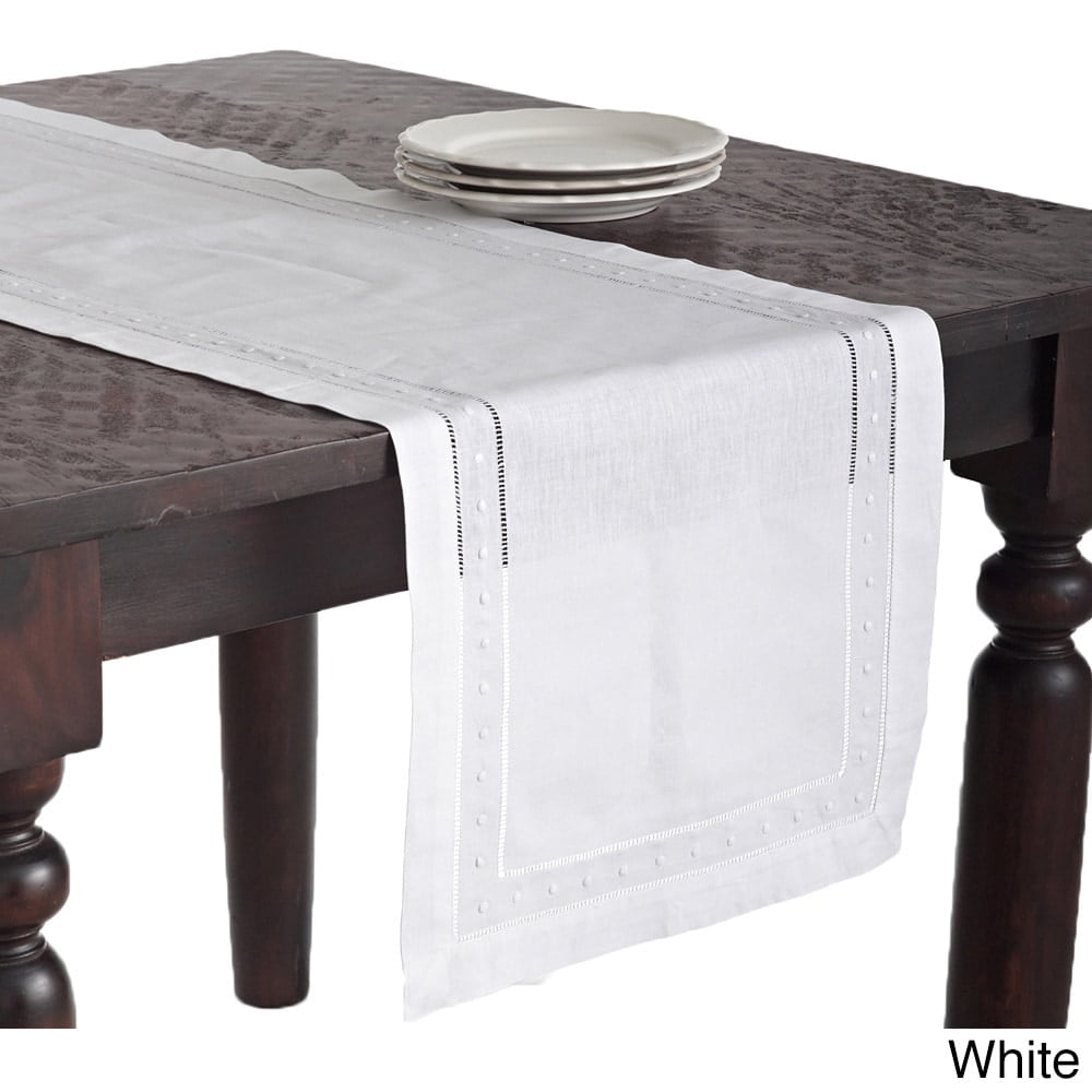 Saro Lifestyle Embroidered and Hemstitch Runner, White, 16" x 72"