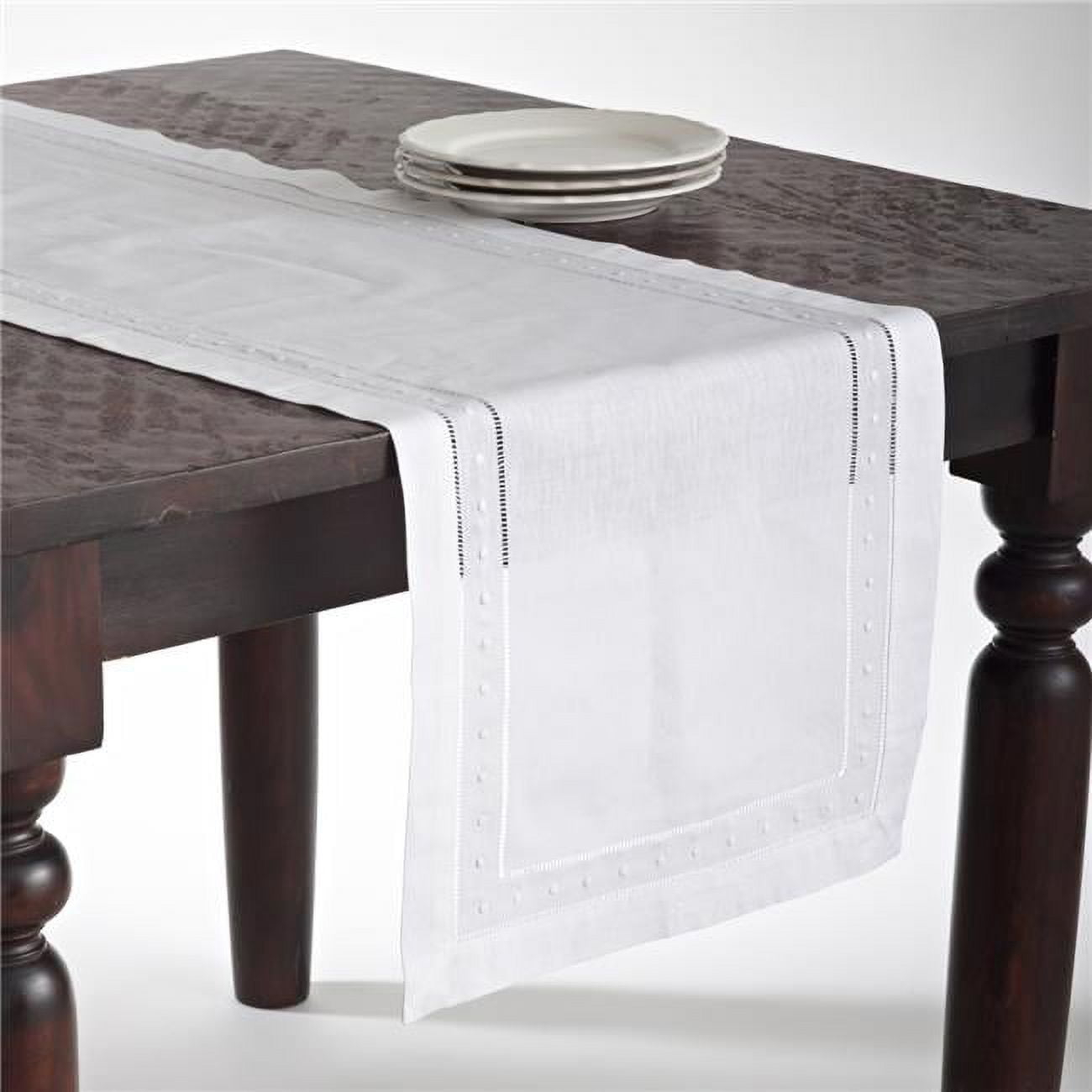 Saro Lifestyle Embroidered and Hemstitch Runner, White, 16" x 72"