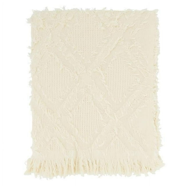 Saro Lifestyle Throw Blanket With Fringe Waffle Weave Design, Ivory, 50x60 inches