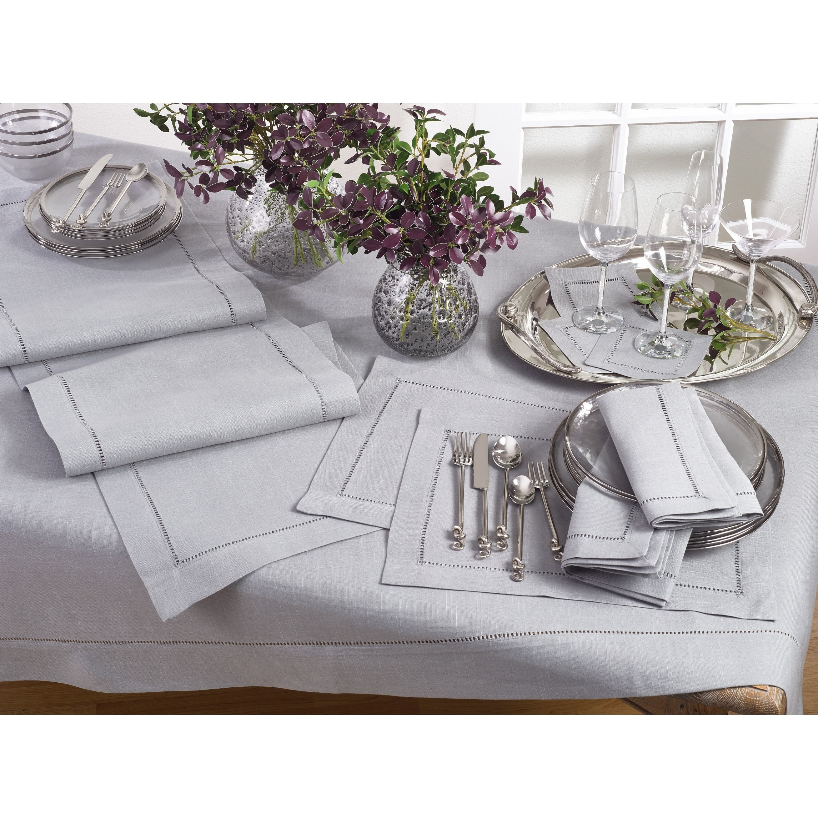 Saro Lifestyle Classic Hemstitch Border Tablecloth, Grey, 72" x 72"