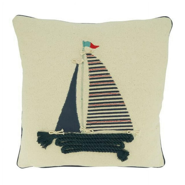 Saro Lifestyle Sail Boat Applique  Decorative Pillow Cover, Blue, 18"
