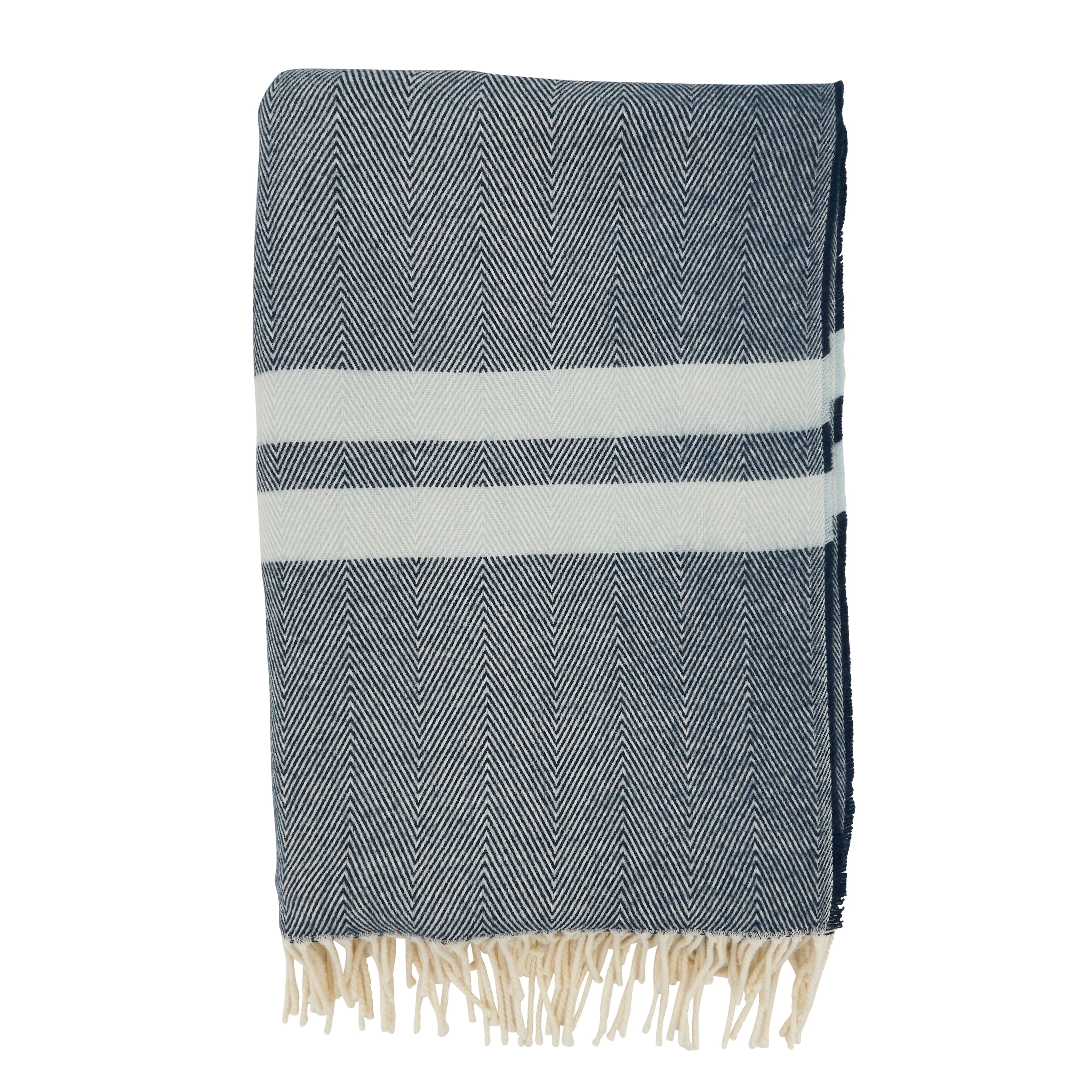 Saro Lifestyle Trendy Stripe and Herringbone Fringed Throw, Blue, 50"x60"