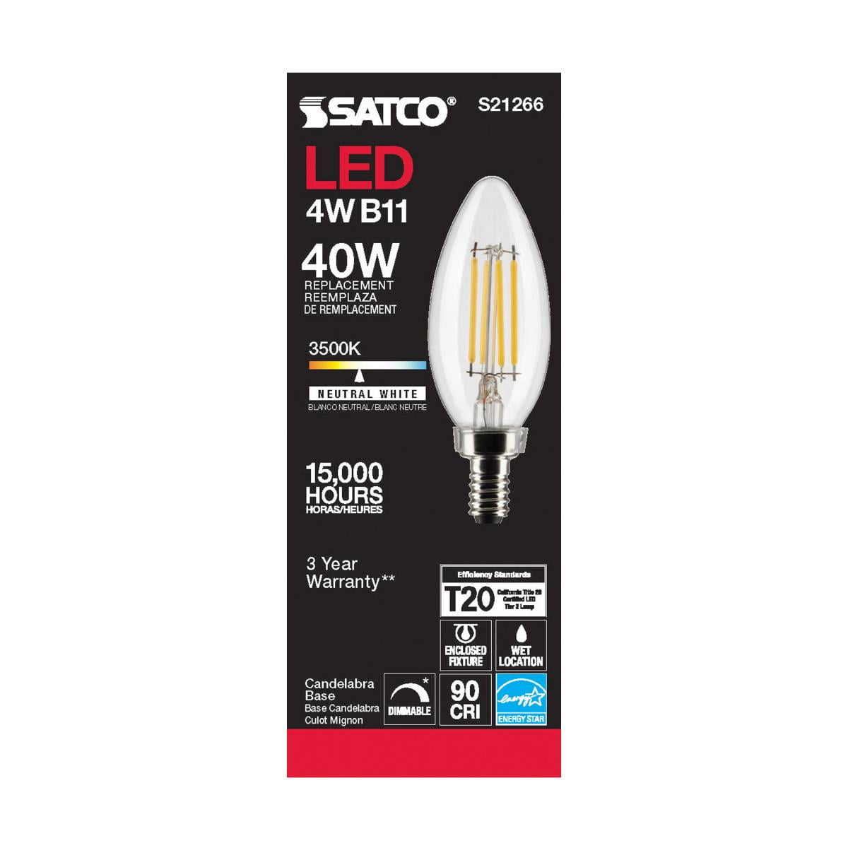 75 Watt Equivalent B11 E12/Candelabra Dimmable 3500K LED Bulb
