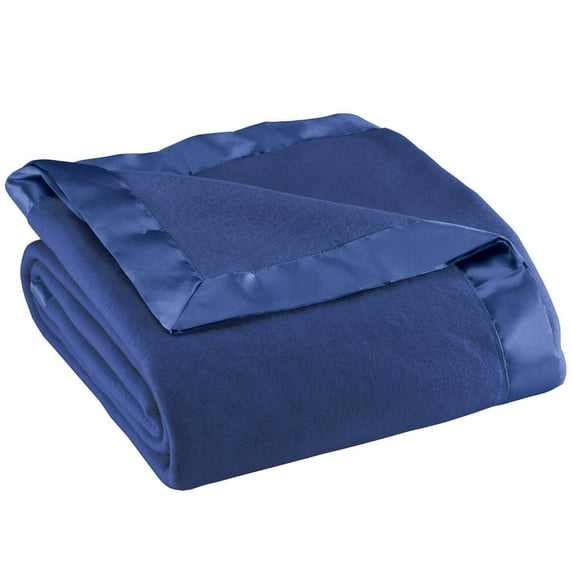 Satin Fleece Blanket by OakRidge, Full/Queen, Twin or King Size – 100% Polyester Lightweight Fabric and Cozy Satin Binding Edges in Tightly Folding Travel Blanket, Navy Blue