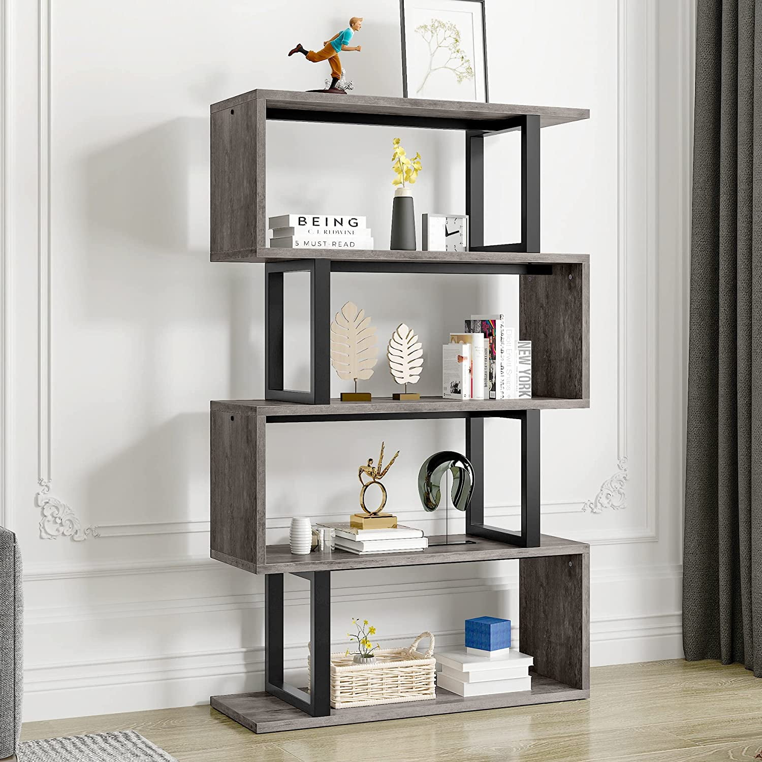 Satiny 5-Tier Bookshelf, S-Shaped Z-Shelf Bookshelves and Bookcase, Industrial Freestanding Multifunctional Decorative Storage Shelving for Living Room Home Office, Gray + Black