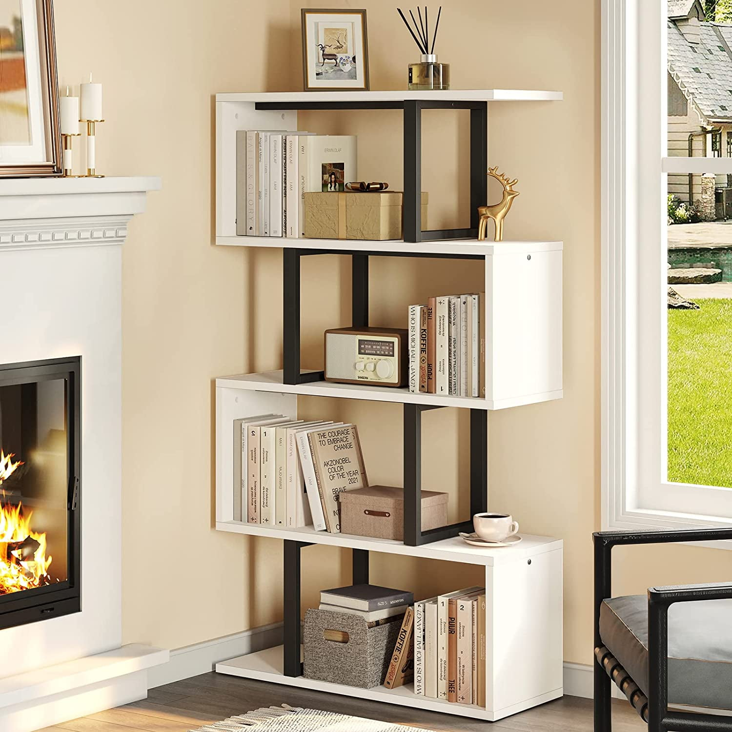Satiny 5-Tier Bookshelf, S-Shaped Z-Shelf Bookshelves and Bookcase, Modern Freestanding Multifunctional Decorative Storage Shelving for Living Room Home Office, Cream White