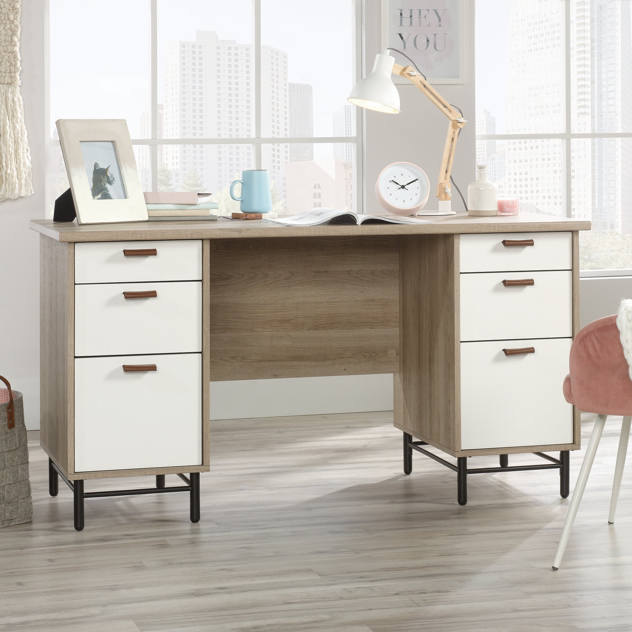 Sauder Anda Norr Engineered Wood Executive Desk in Sky Oak and White