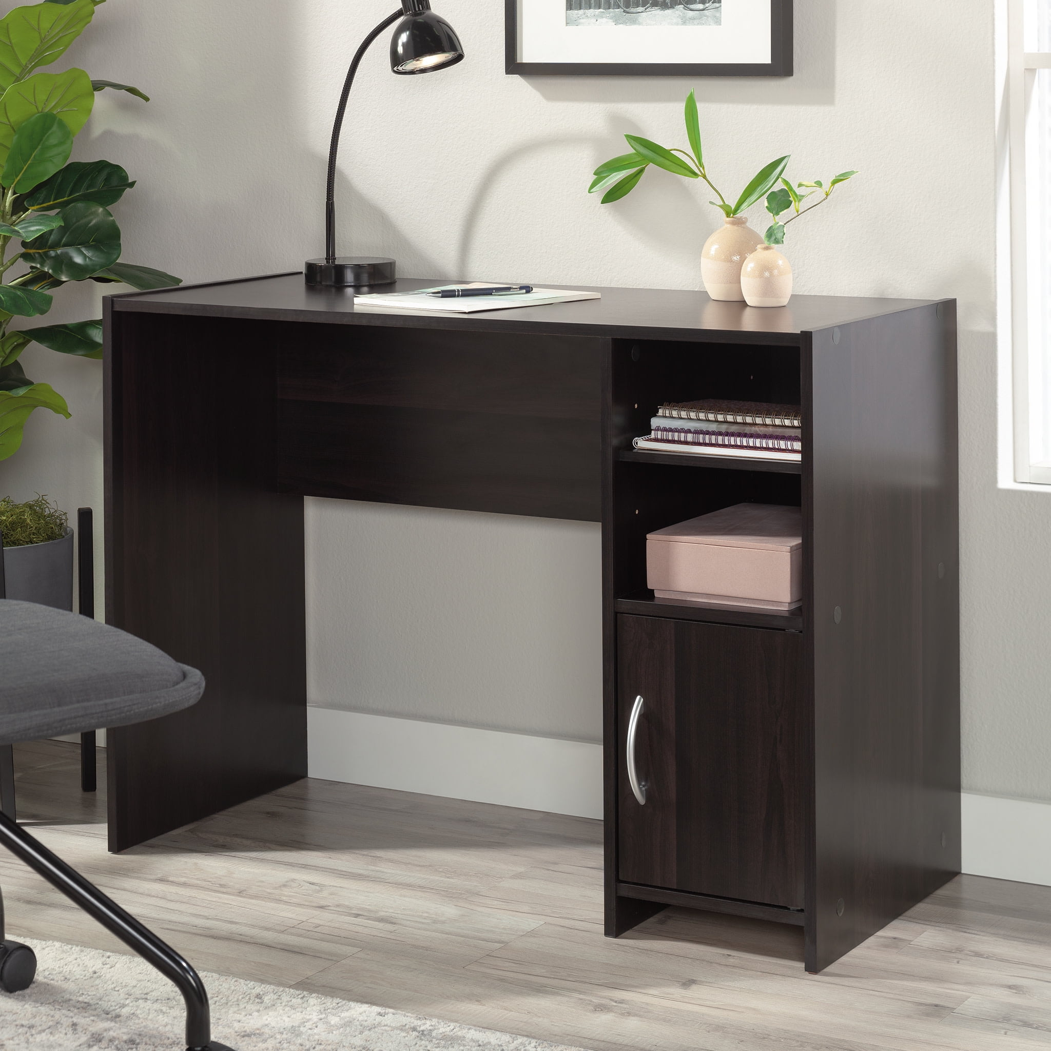 Sauder Beginnings Computer Desk with Side Shelves & Cabinet in Cinnamon Cherry