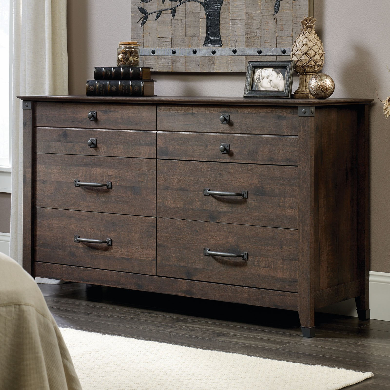 Sauder Carson Forge 6-Drawer Double Dresser, Coffee Oak Finish