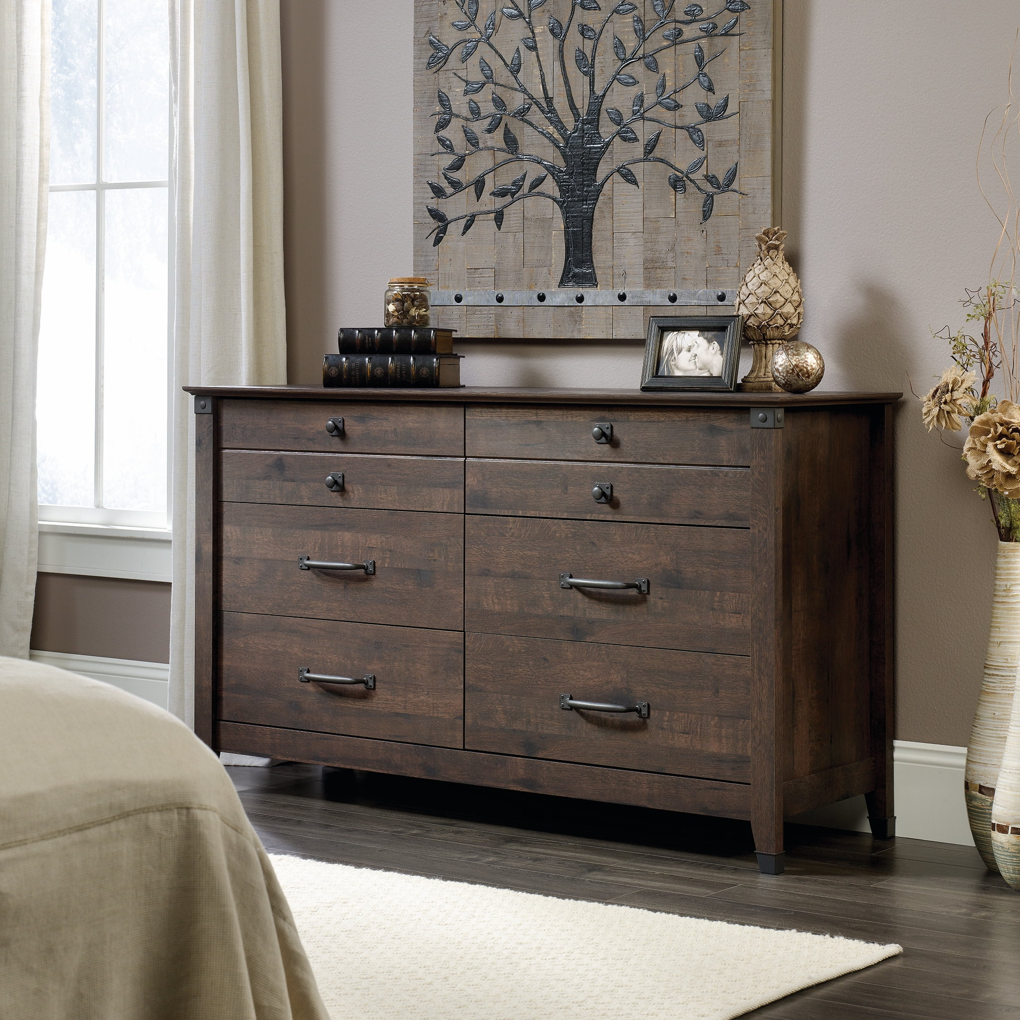 Sauder Carson Forge 6-Drawer Double Dresser, Coffee Oak Finish