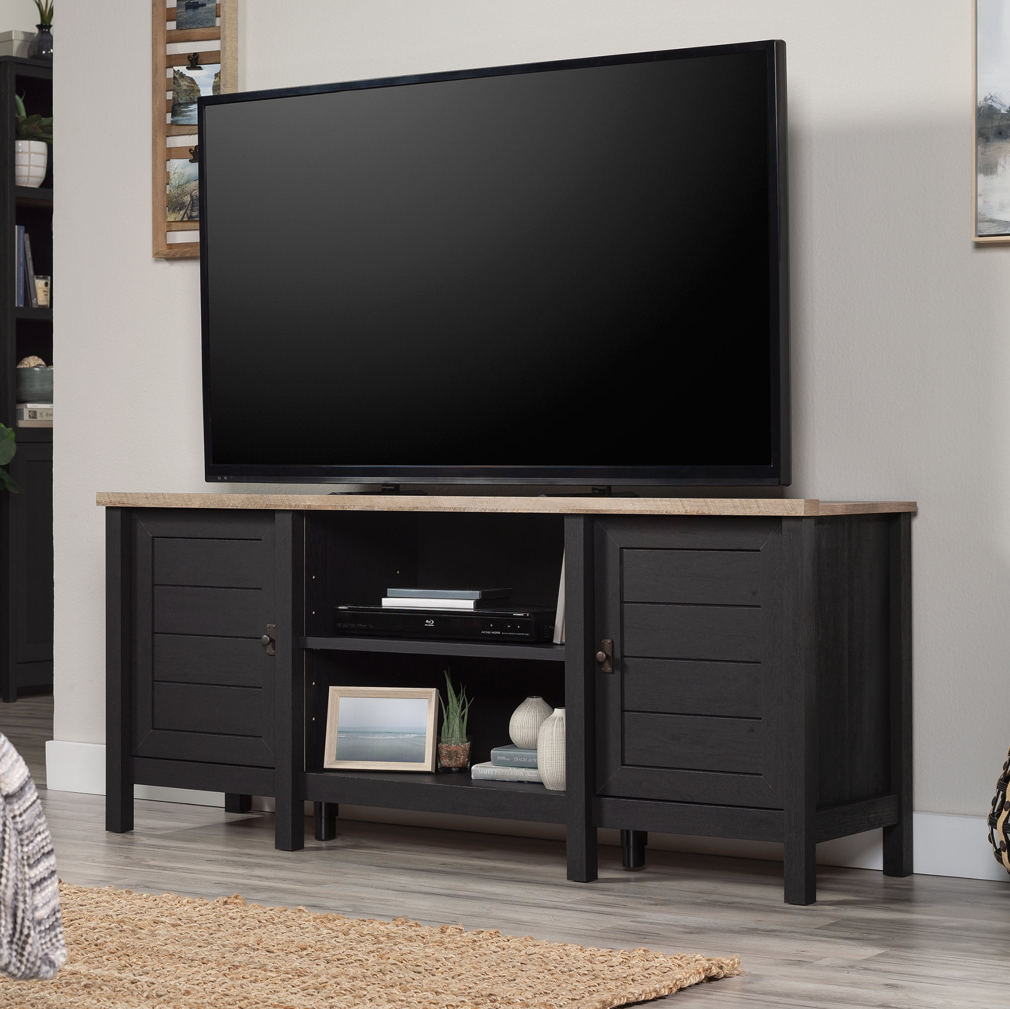 Sauder Cottage Road TV Credenza with Doors for TV's up to 65", Raven Oak Finish