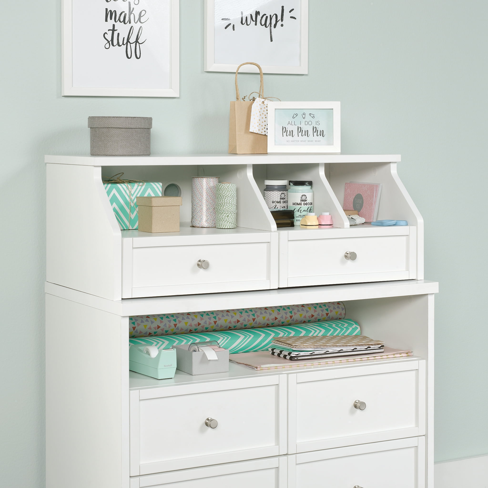 Sauder Craft Pro Engineered Wood 2-Drawer Hutch with Cubbyhole Storage in White