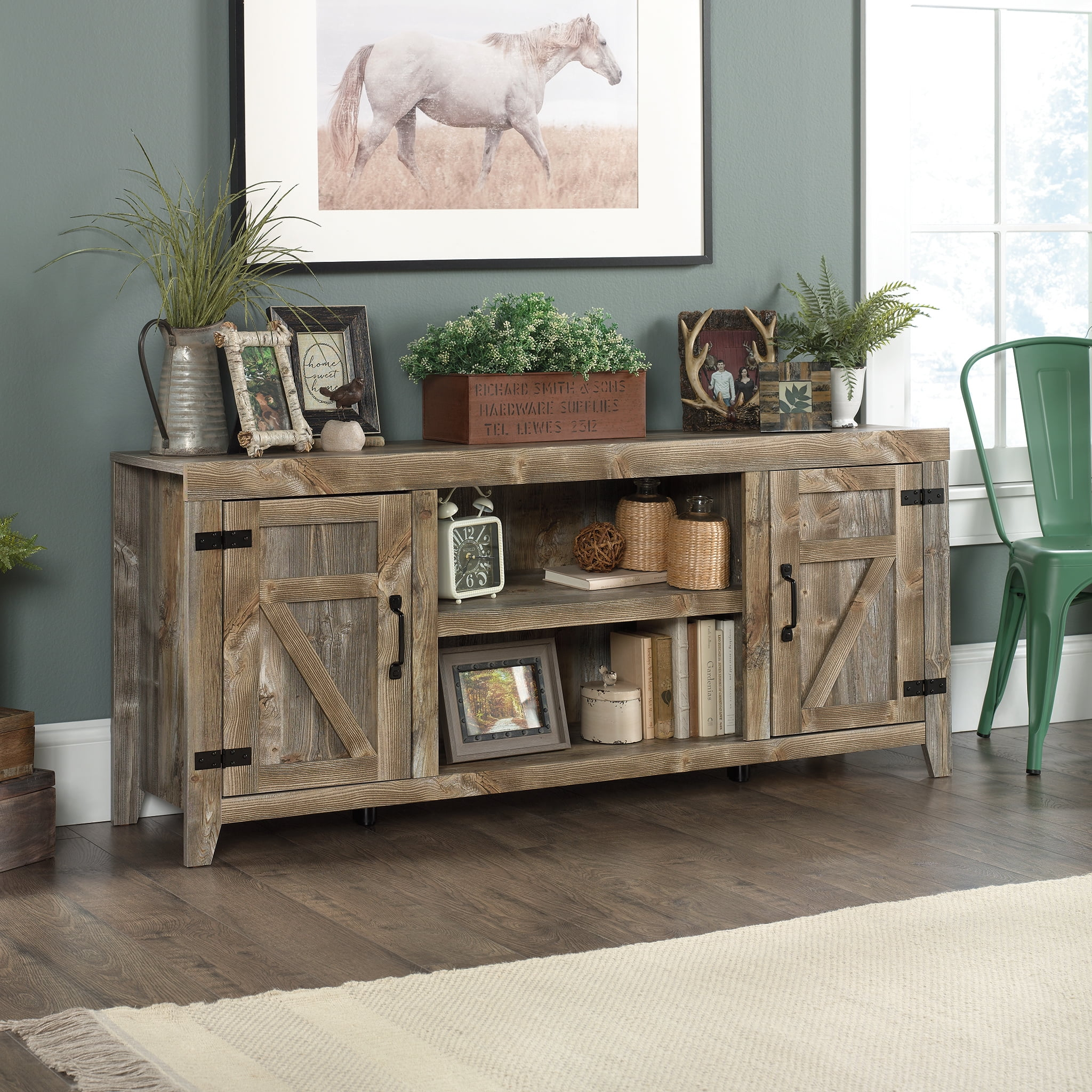 Sauder Rustic Cedar Farmhouse TV Stand with Storage for TVs up to 70", Rustic Cedar Finish
