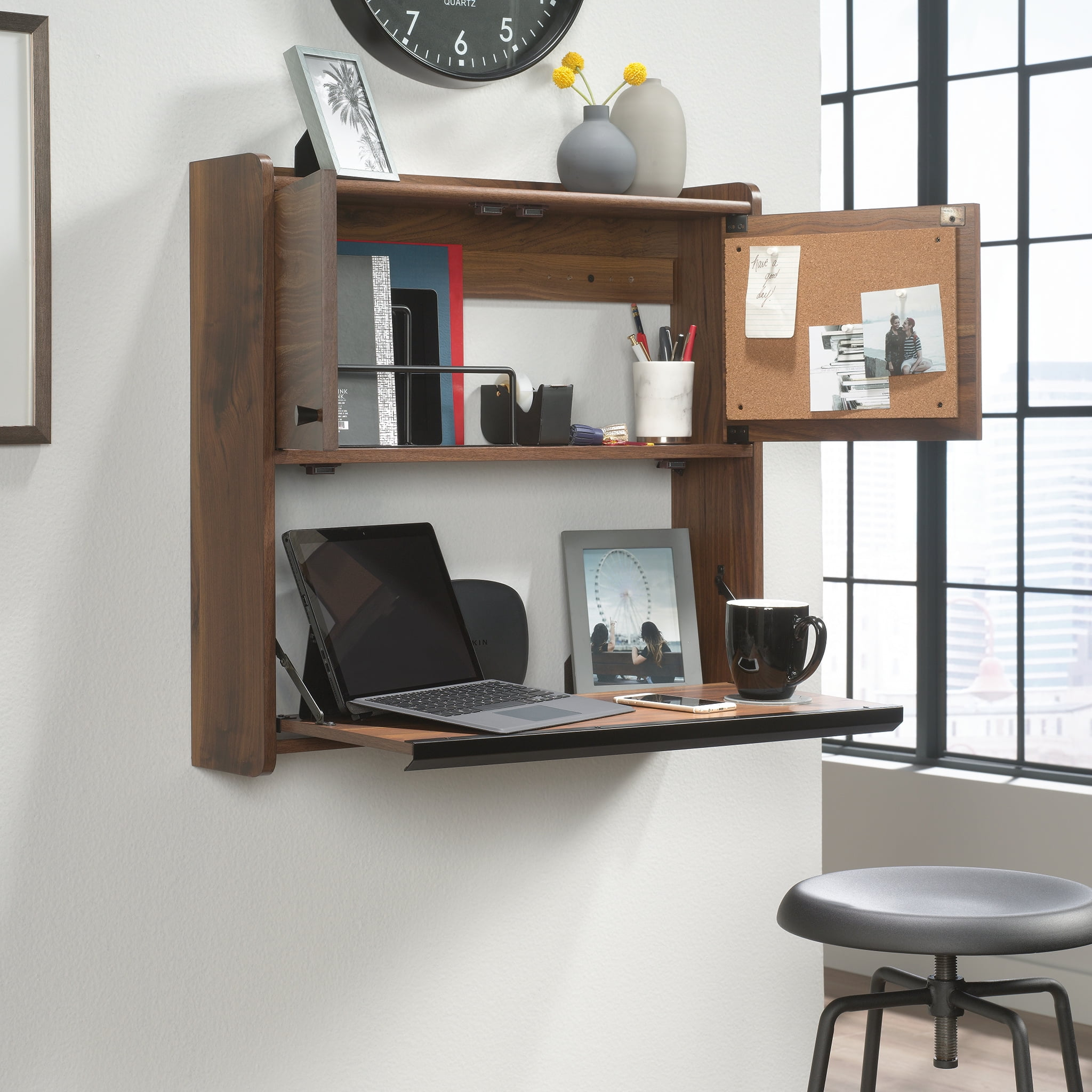 Sauder Harvey Par Floating Wall Desk, Grand Walnut Finish
