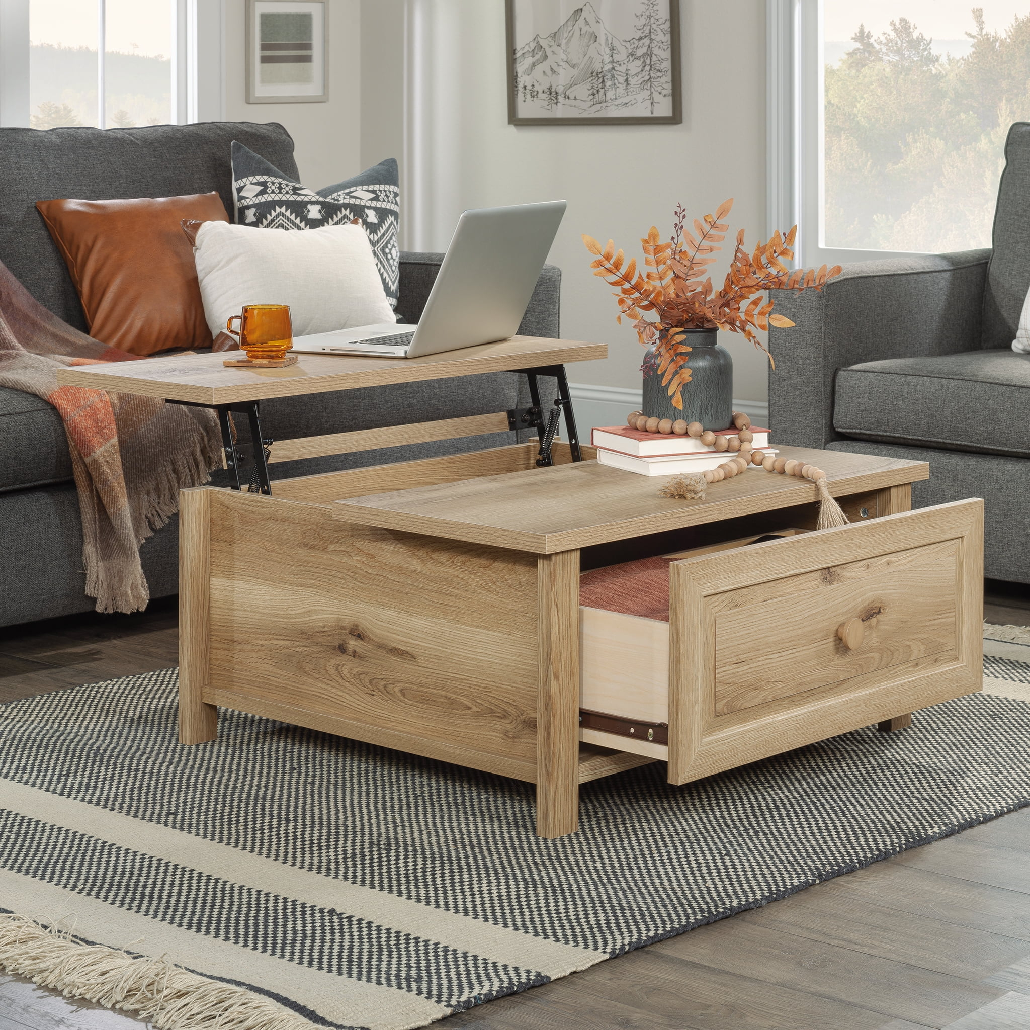 Sauder Hillmont Farm Lift-Top Engineered Wood Coffee Table in Timber Oak