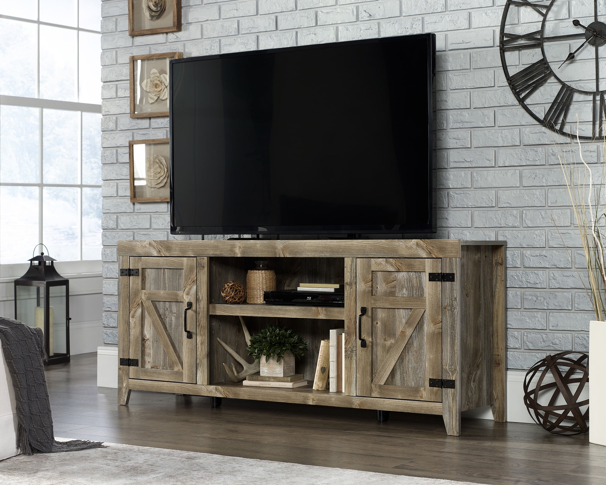 Sauder Rustic Cedar Farmhouse TV Stand with Storage for TVs up to 70", Rustic Cedar Finish