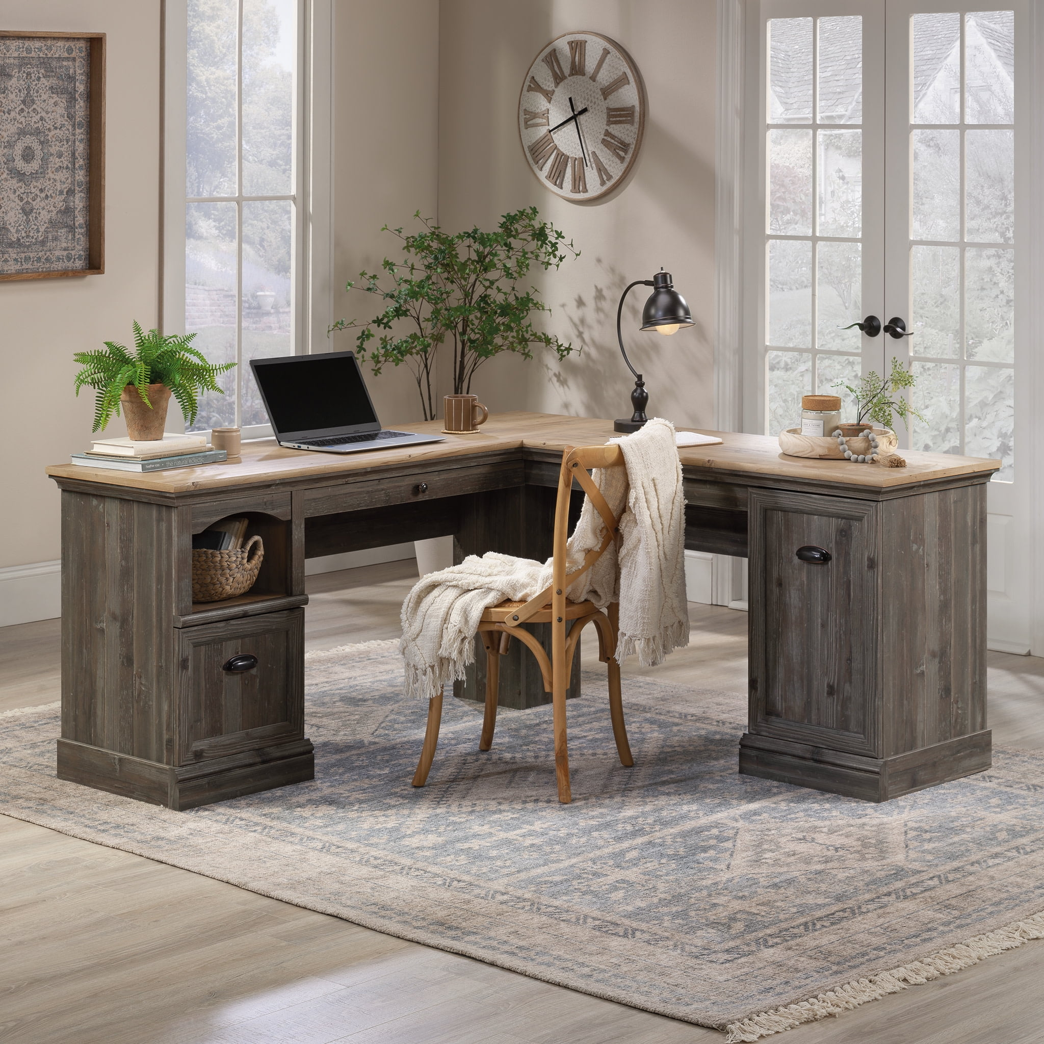 Sauder Sonnet Springs Engineered Wood L-Shaped Desk in Pebble Pine