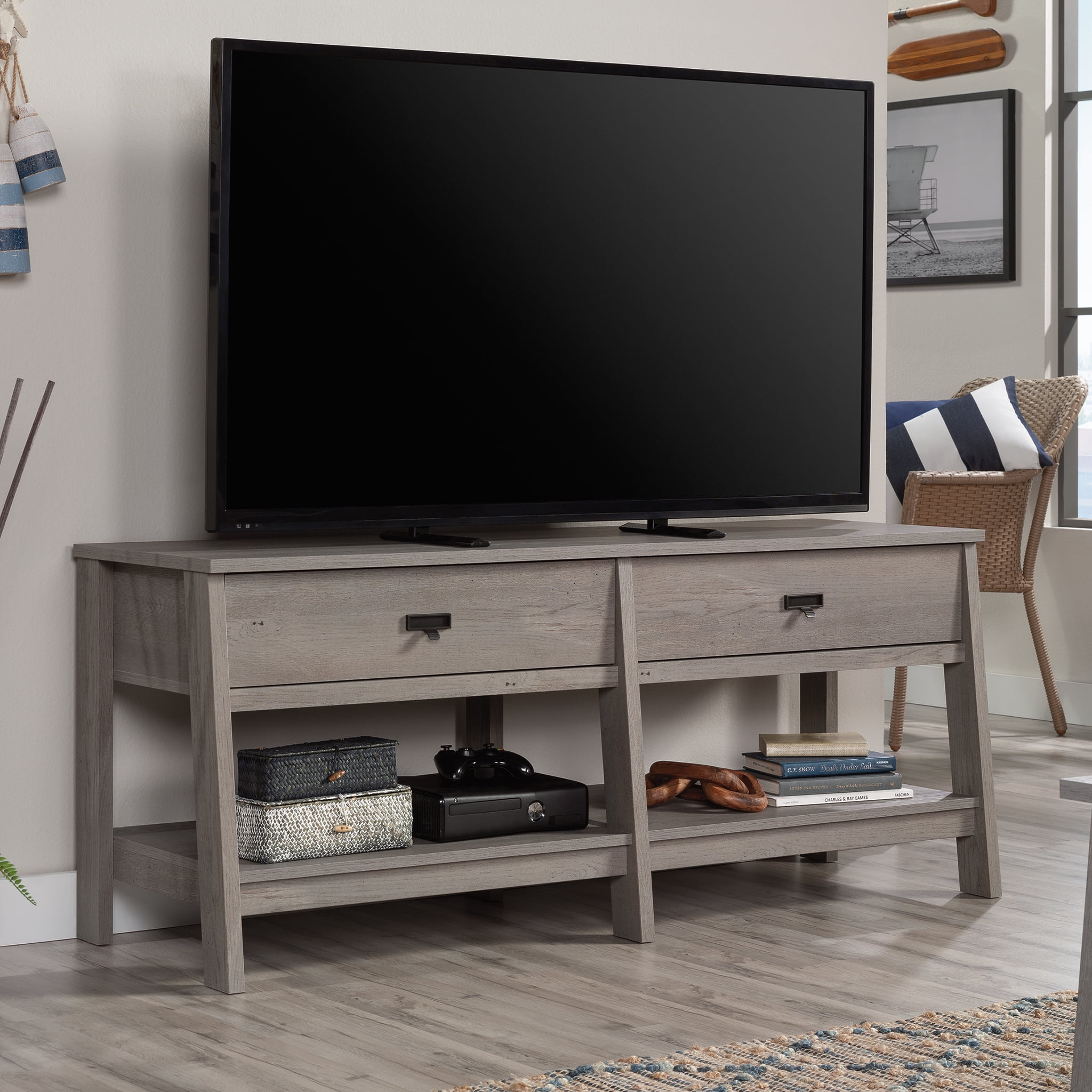 Sauder Trestle TV Stand with Drawers in Mystic Oak for TVs up to 60", Mystic Oak Finish