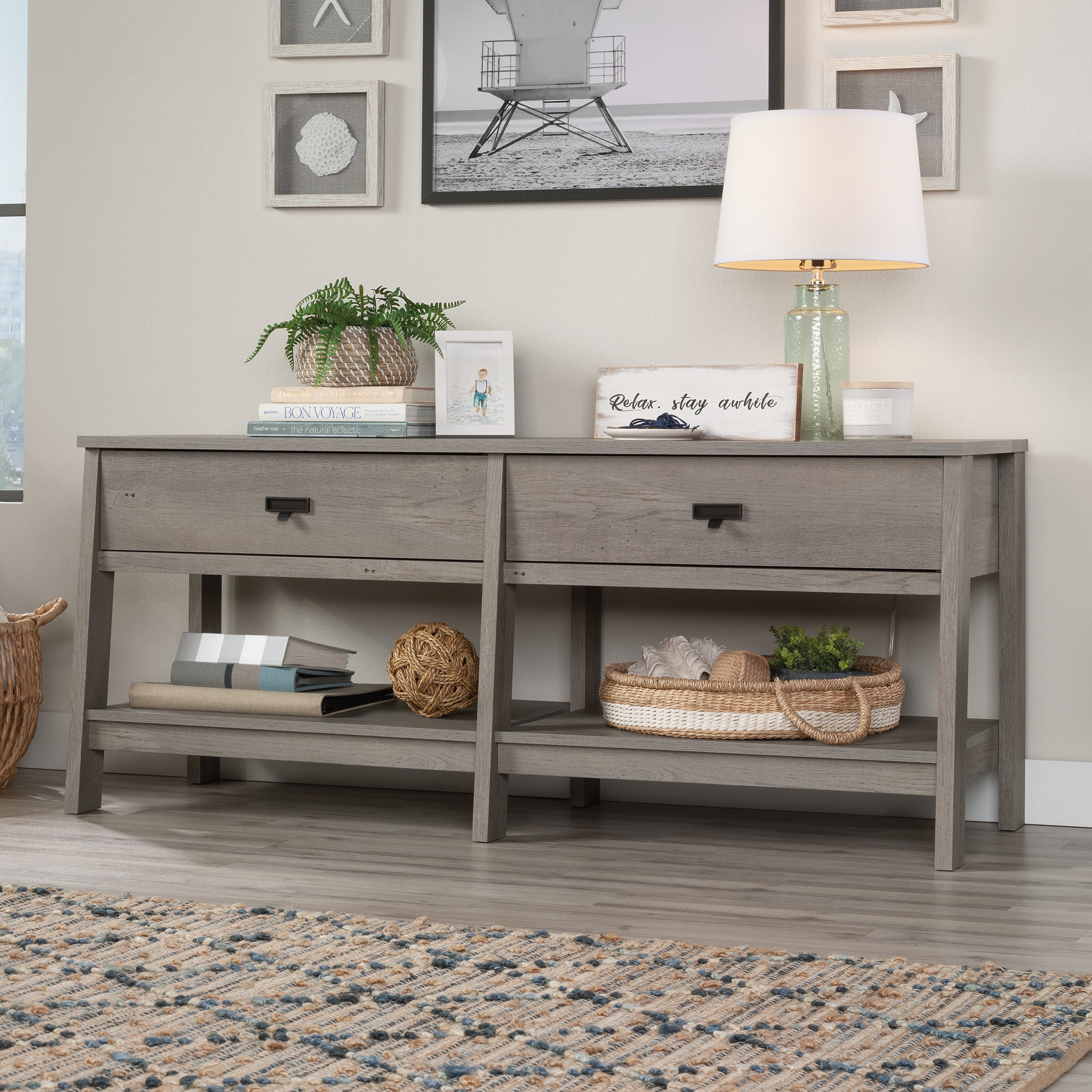Sauder Trestle TV Stand with Drawers in Mystic Oak for TVs up to 60", Mystic Oak Finish