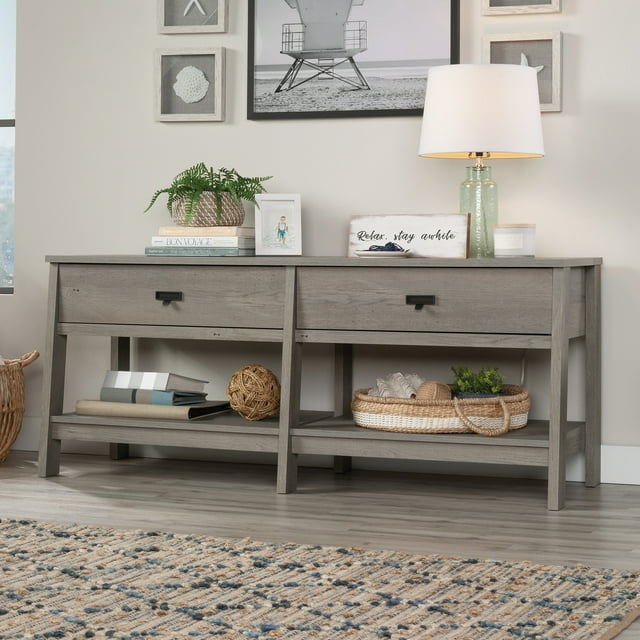 Sauder Trestle TV Stand with Drawers in Mystic Oak for TVs up to 60", Mystic Oak Finish