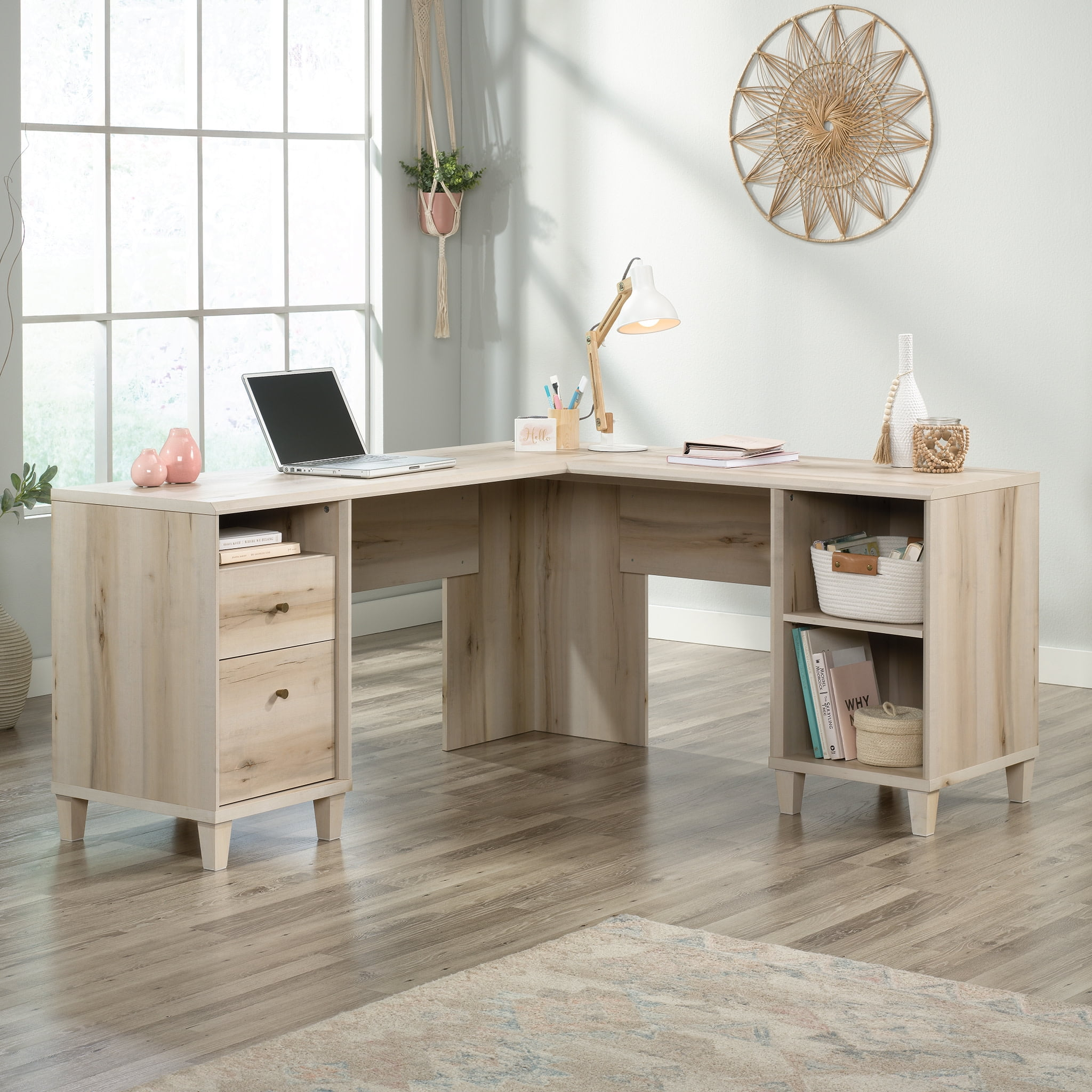 Sauder Willow Place L-Shaped Home Office Desk with File Drawers, Pacific Maple Finish