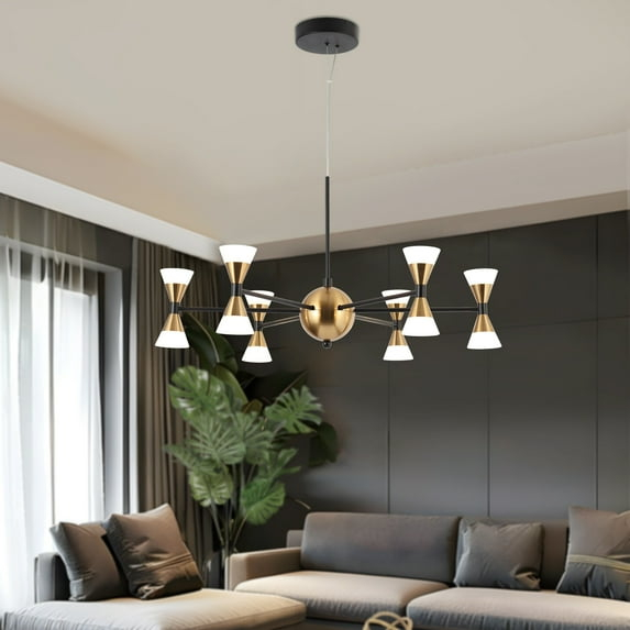 Savonnerie Modern Contemporary 12-Light Black Gold LED Chandelier Metal Wheel Pendant Lights for Dining Room - 23.5" D x 12.5" H
