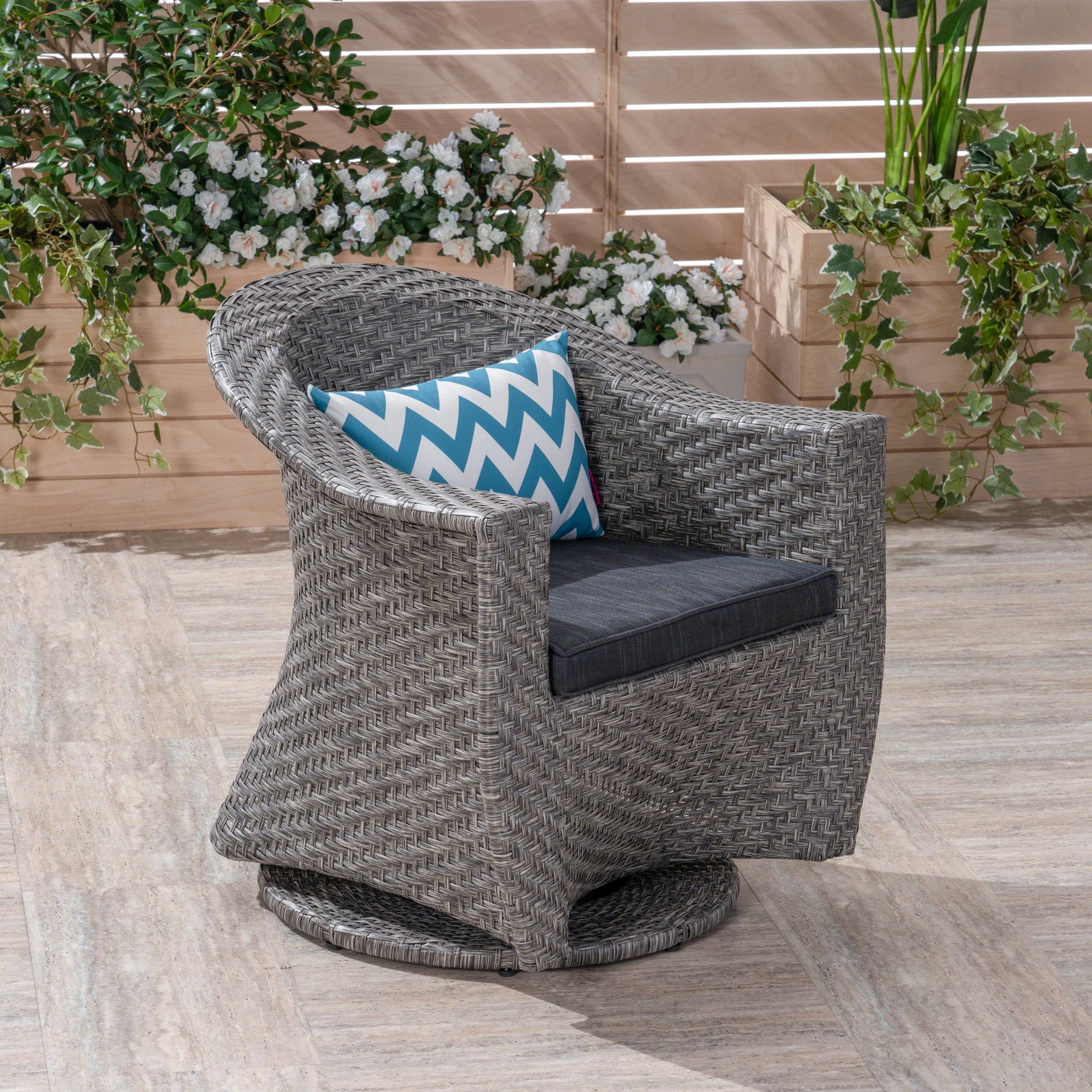 Noble House Larchmont Outdoor Wicker Swivel Chair Mixed Black and Dark Gray