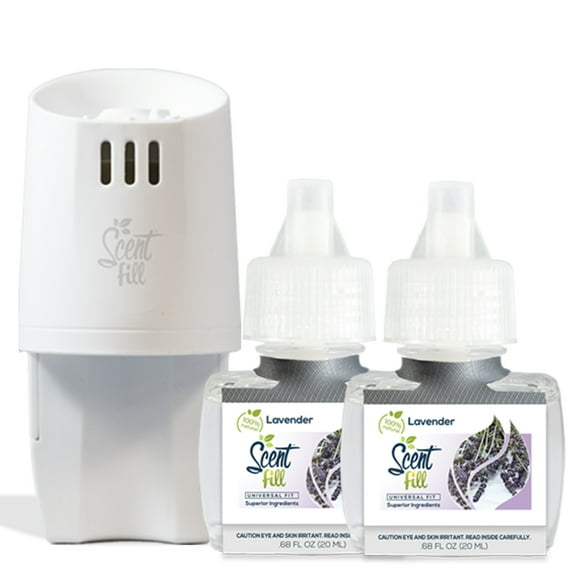 Scent Fill 100% Natural Lavender Plug in Air Freshener Starter Kit, Scented Oil Refills, 2 Refills + Diffuser