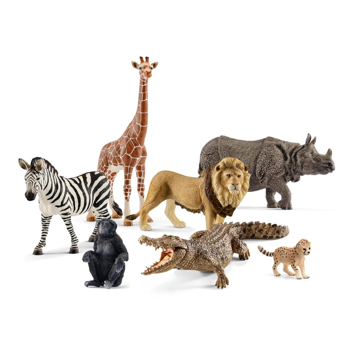 Schleich Animals Wild Life Safari Animals Figures 7-Piece Animal Figurines Set with Lion, Giraffe, Zebra, Bonobo, Rhino, Crocodile and Cheetah Cub Toy