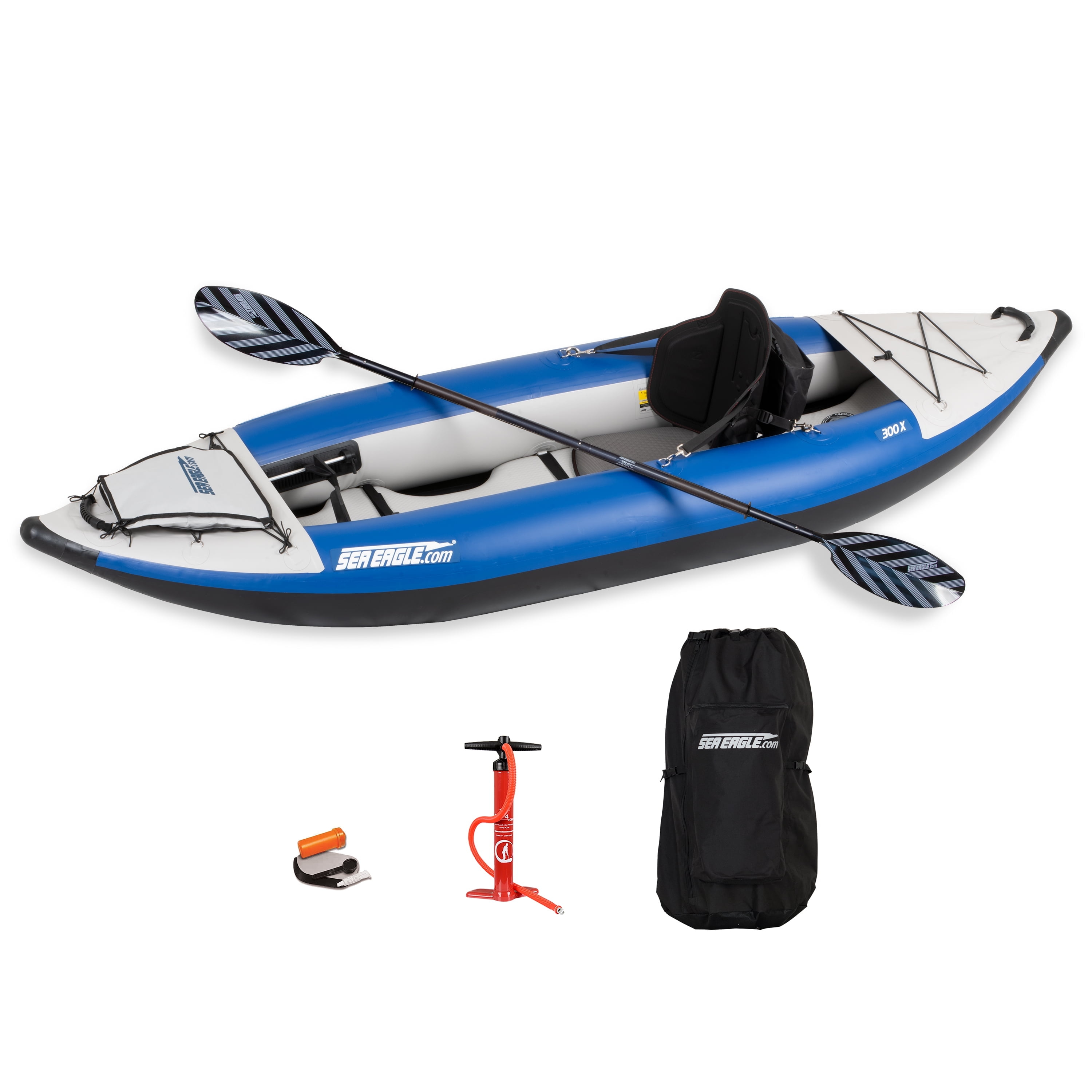 Sea Eagle 300X Explorer Touring, Camping, Fishing & Whitewater Inflatable Kayak, 1 Person, Lightweight, Self-Bailing, High Pressure Drop Stitch Floor -W/Paddle, Seat, SUP Pump, Skeg - Pro Package
