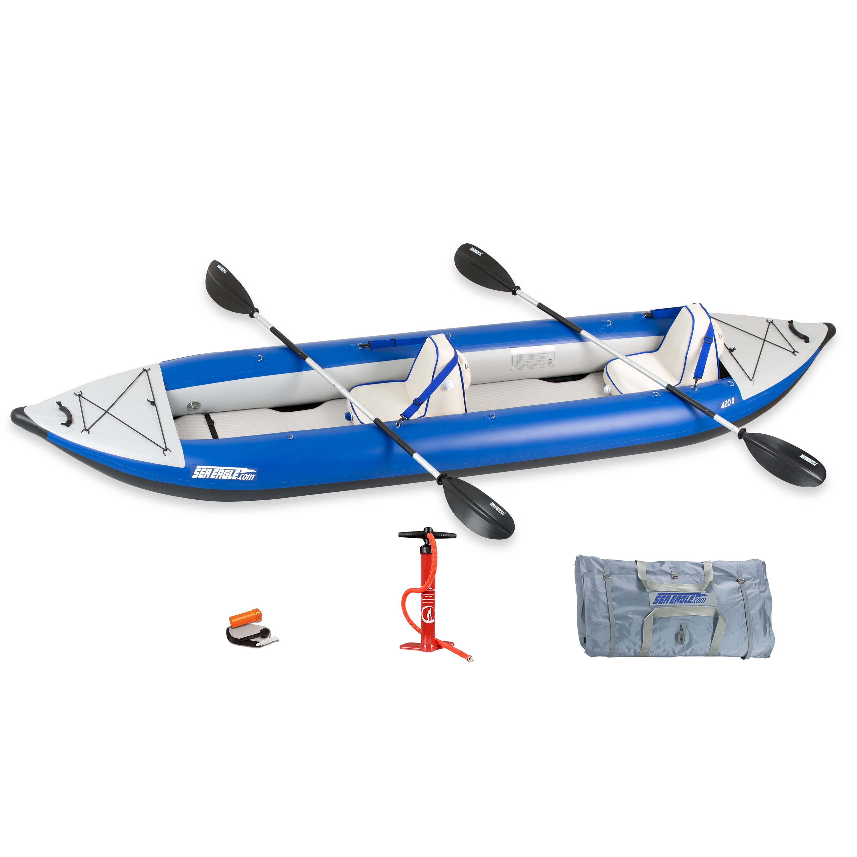 Sea Eagle 420X Explorer Inflatable Kayak- Fishing, Touring, Camping, Exploring & White Watering-Self Bailing, Removable Skeg, Drop Stitch Floor- Deluxe Package