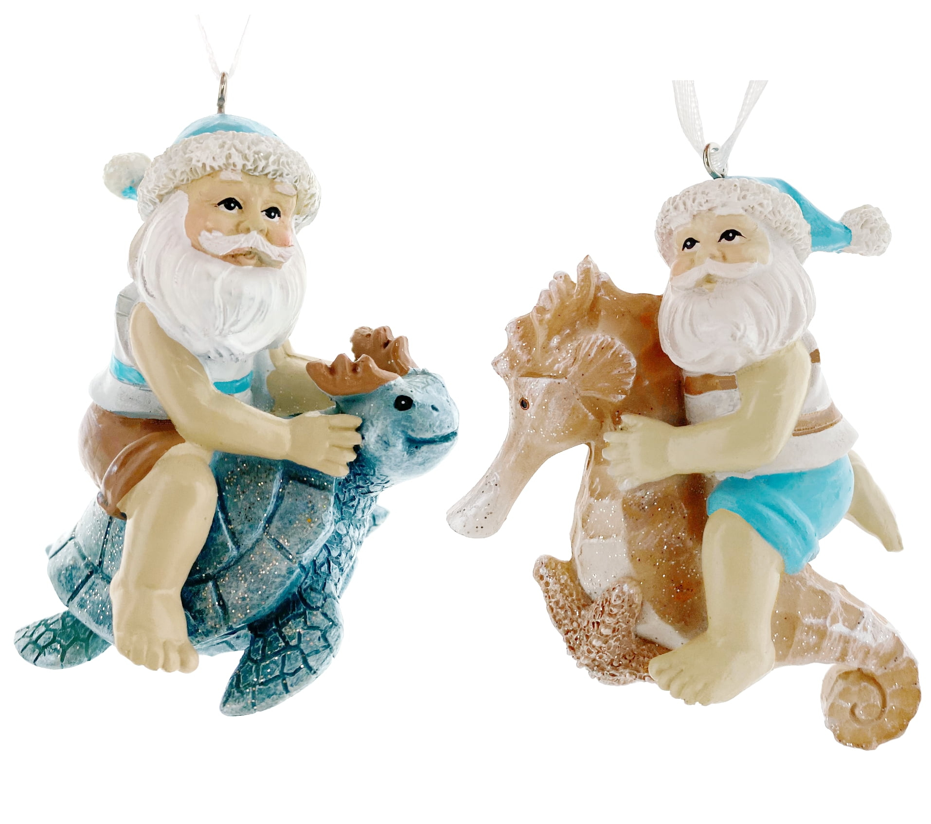Sea Turtle Seahorse Ornaments - Beach Santa Riding Marine Animals Coastal Holiday Tree Decorations, Set of 2