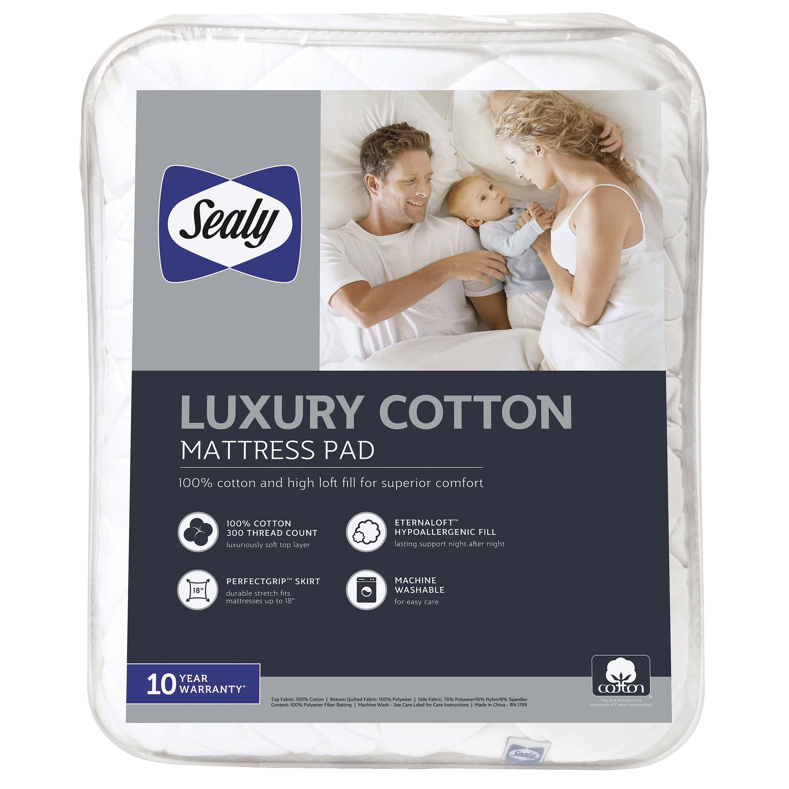 Sealy Luxury Cotton Soft Top High Loft Fill Machine Washable Fitted Mattress Pad, Twin