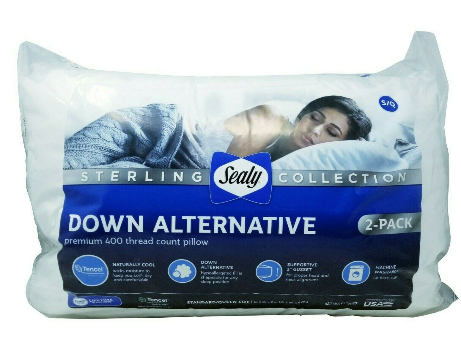 Sealy Sterling Collection Down Alternative Pillows 400 Thread Queen - 2 Pack