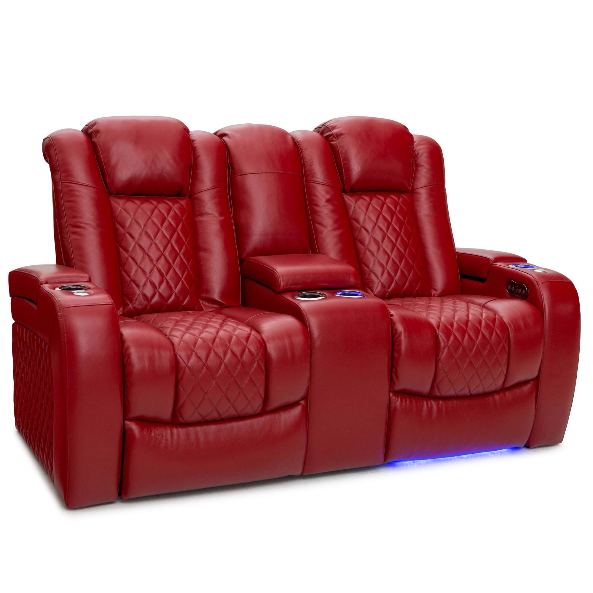 Seatcraft Anthem Home Theater Leather Loveseat Power Reclining 2-Row Seating with Power Headrest, LED lights, Center Table, Cupholders, AC/USB Outlets, and Hidden Storage in Red