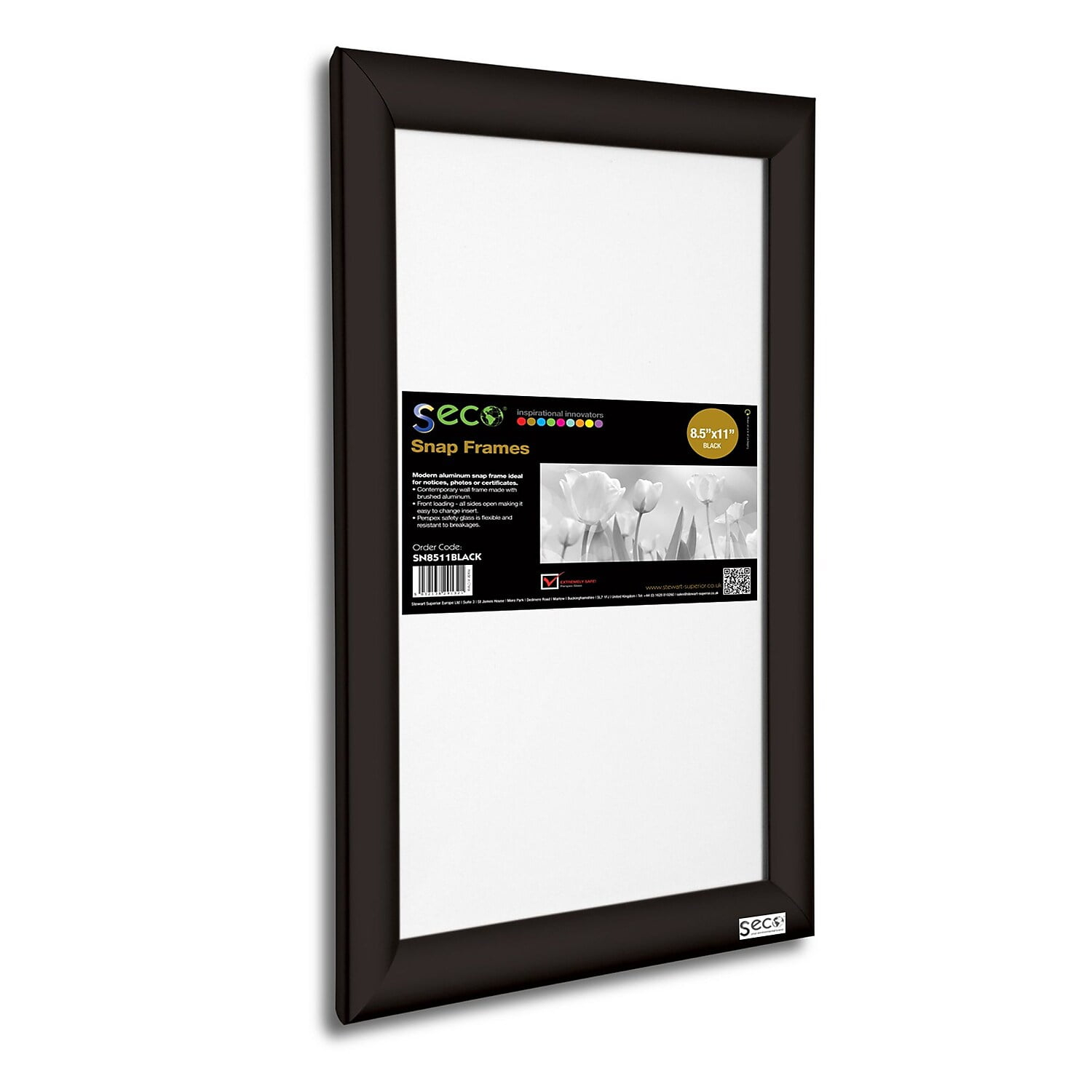 Seco Front Load Easy Open Snap Poster Frame 8.5" x 11" Black Aluminum (SN8511BLACK)