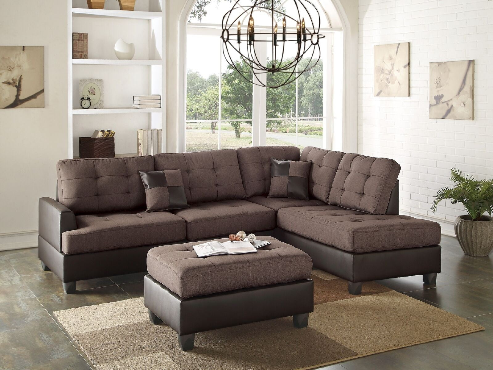 Poundex 3 Piece Fabric Sectional Sofa Set with Ottoman in Chocolate Color