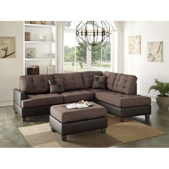 Poundex 3 Piece Fabric Sectional Sofa Set with Ottoman in Chocolate Color