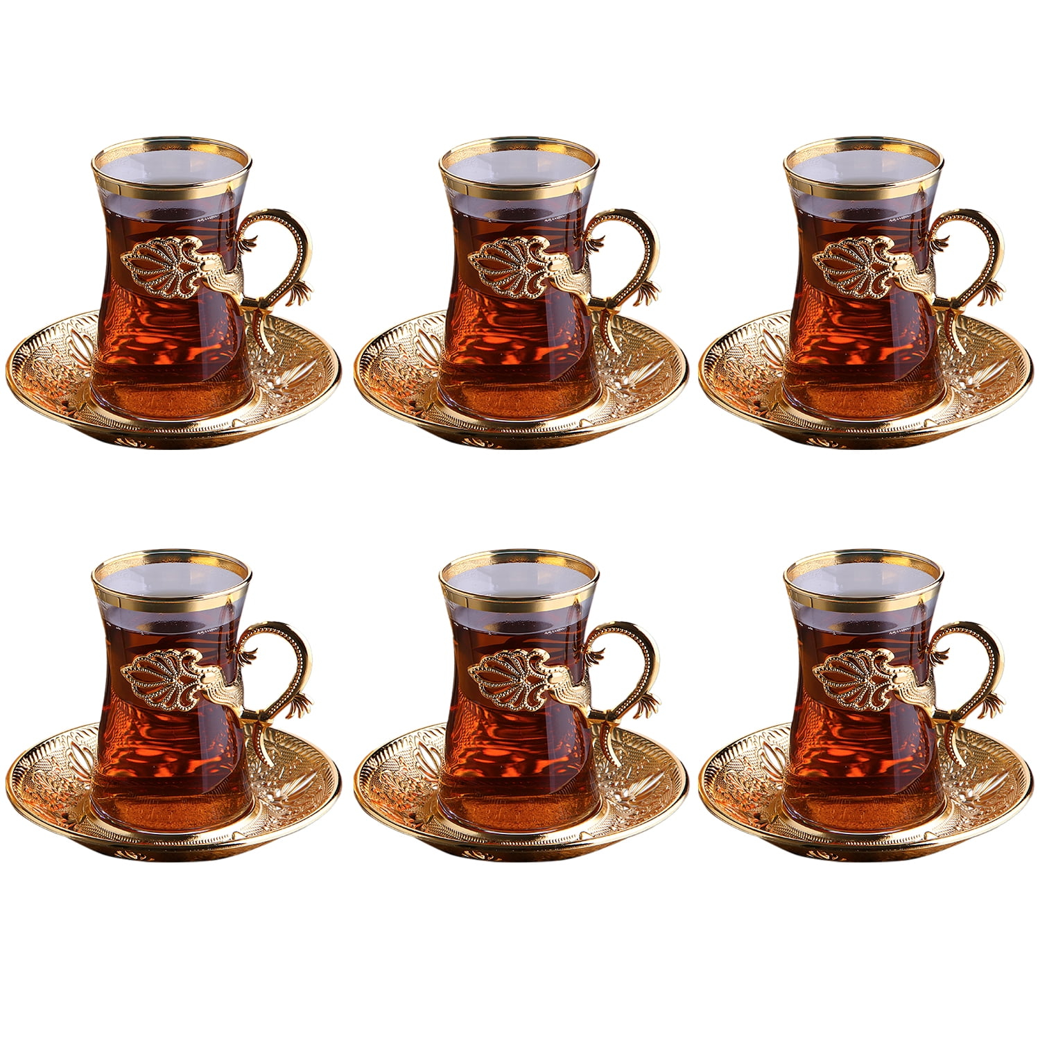 Sefa Turkish Tea Glass Set of 6 | Turkish Tea Glasses with Holders | Turkish Tea Glasses with Saucers | Turkish Tea Cups, Gold, 5 oz