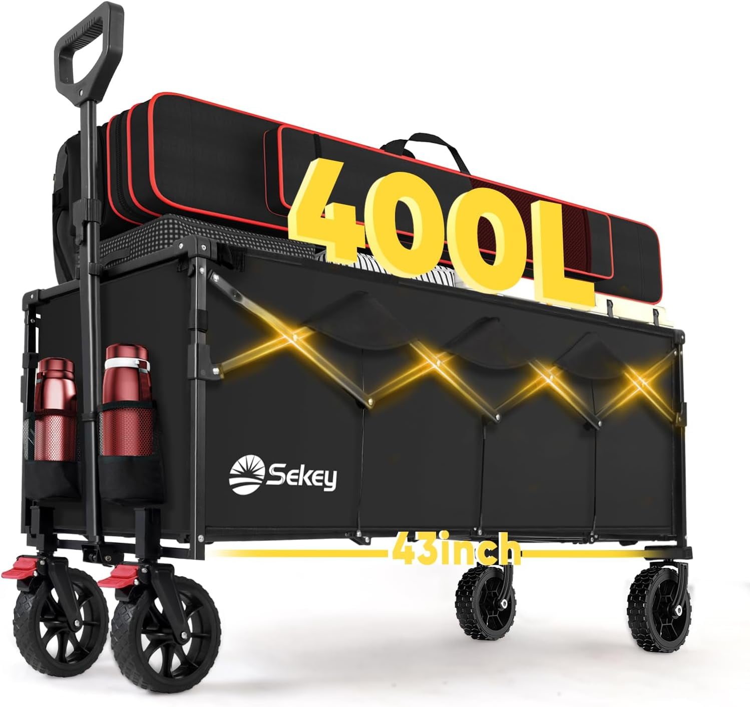Sekey 43" Extended Collapsible Wagon 400L Large Capacity, 440LBS Heavy Duty Folding Utility Garden Cart with All-Terrain Wheels for Camping, Sports, Shopping.Black