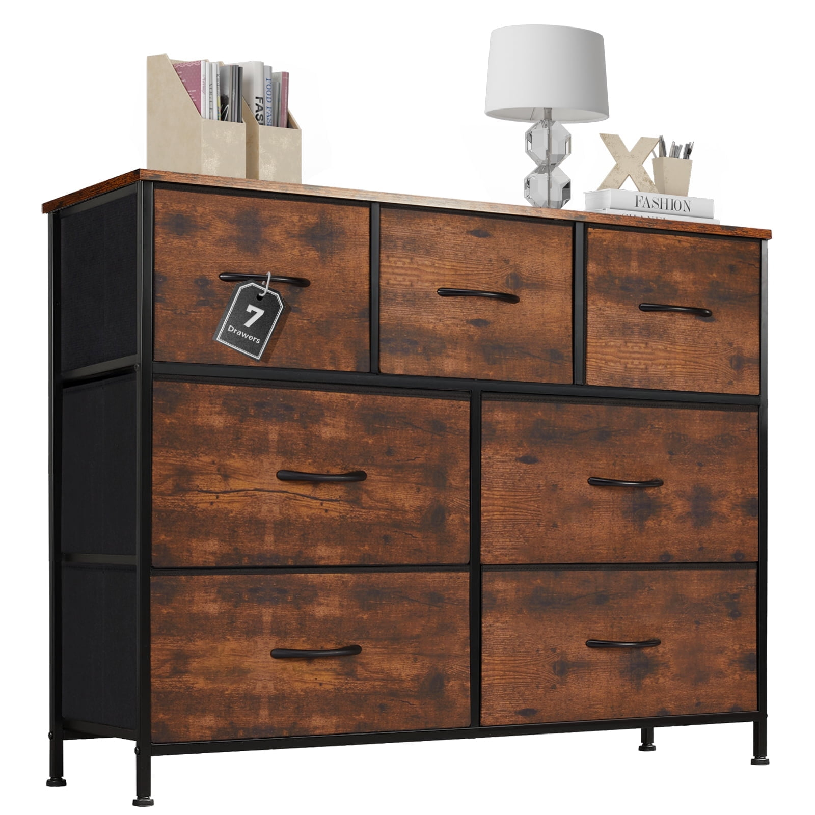 7 Drawer Dresser, Wide Chest Of Drawers Nightstand Storage Tower Storage Dresser Fabric Dresser With Wood Top for Living Room, Bedroom, Hallway, , Rust