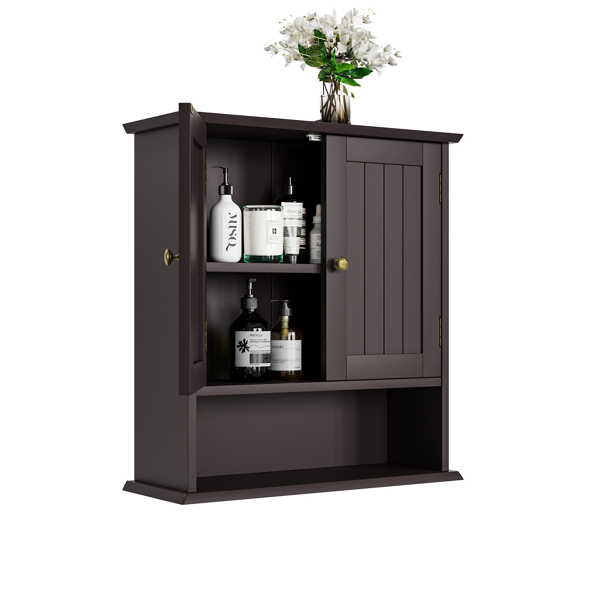 Semiocthome Bathroom Medicine Cabinet Wood 2 Doors Wall Cabinet over the Toilet Storage in Brown