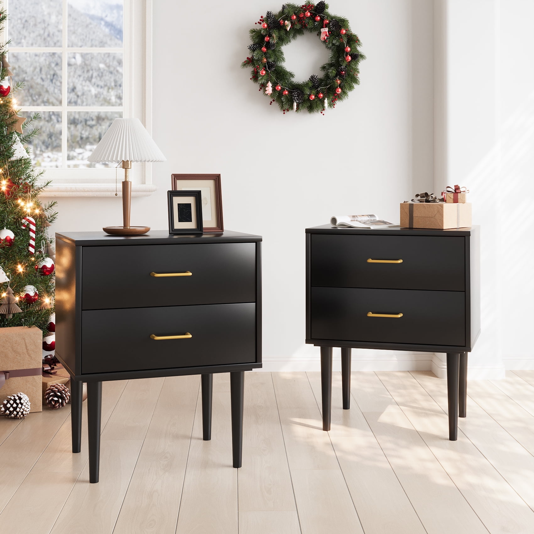 Walker Edison Mid Century Modern Two-Drawer Nightstand, Black