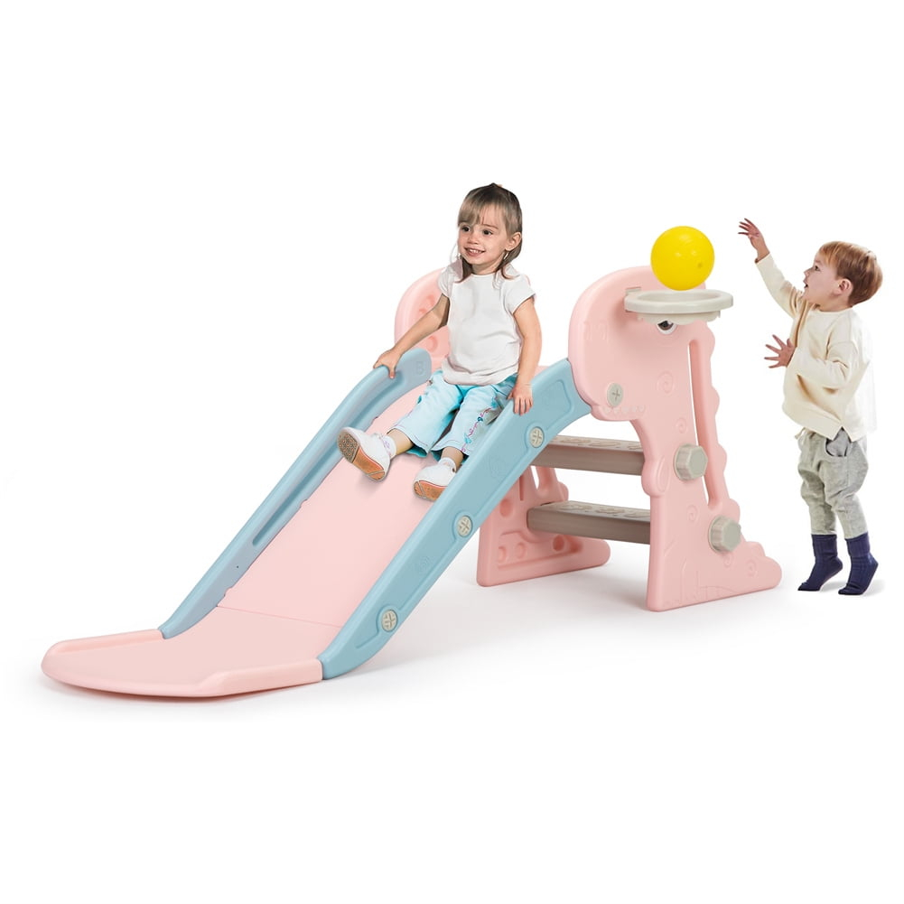 Nyeekoy 3 in 1 Foldable Toddler Large Slide w/ Climbing Ladder, Basketball Hoop, Indoor Outdoor Freestanding Playground for Kids