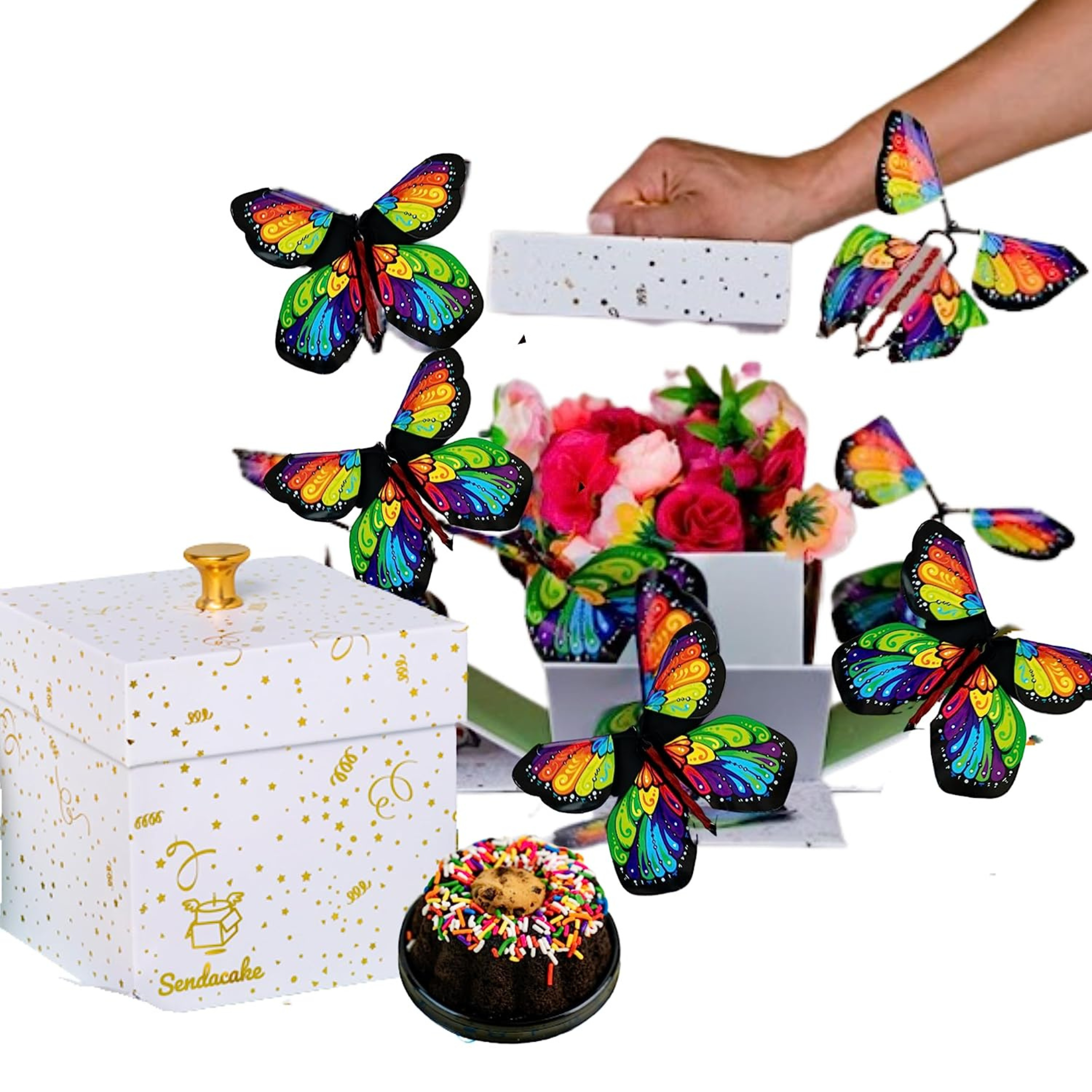 Sendacake White & Gold Foil Celebration Explosion Flying Butterfly Surprise, Cake & Flowers Gift Box