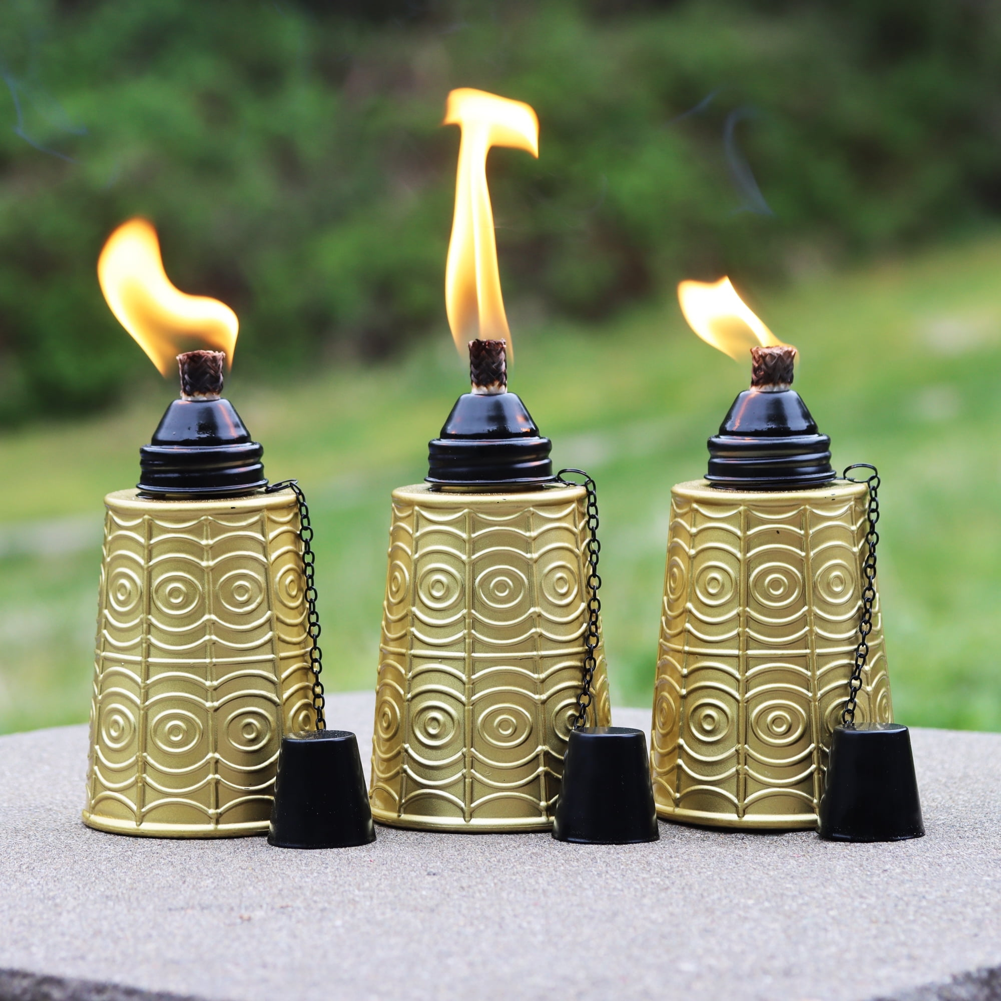 Seraphic Citronella Table Top Tiki Torches for Outdoor Patio, 16oz Decorative Glass Torch Citronella Oil Candles for Outside Deck, Garden, Parties, Set of 3, Gold