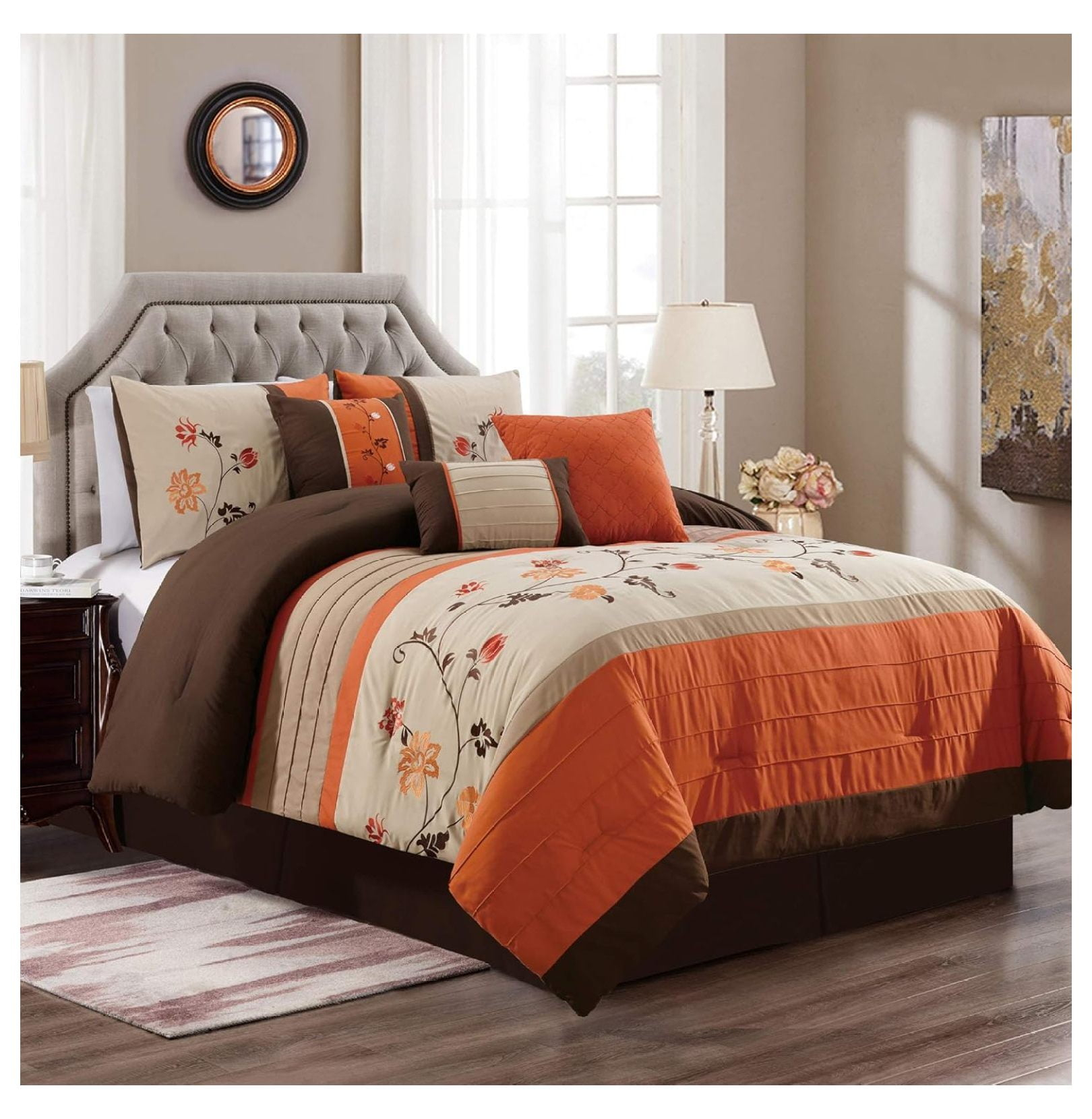 Serene 7-Piece Luxury Autumn Floral Embroidery Comforter Set, California King, Orange/Brown/Taupe