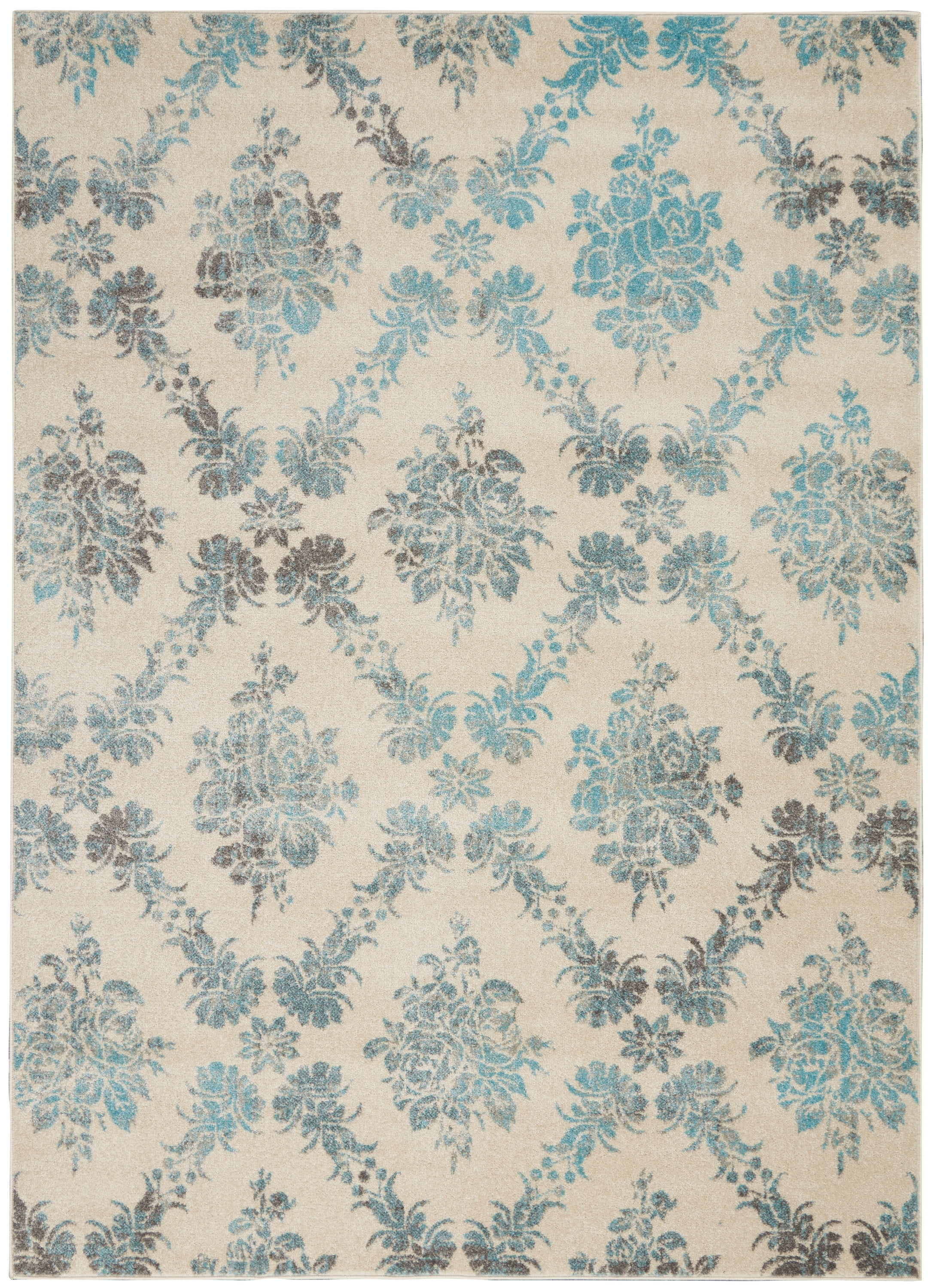 Serene Modern Damask Ivory/Turquoise 4' x 6' Area Rug, (4' x 6')