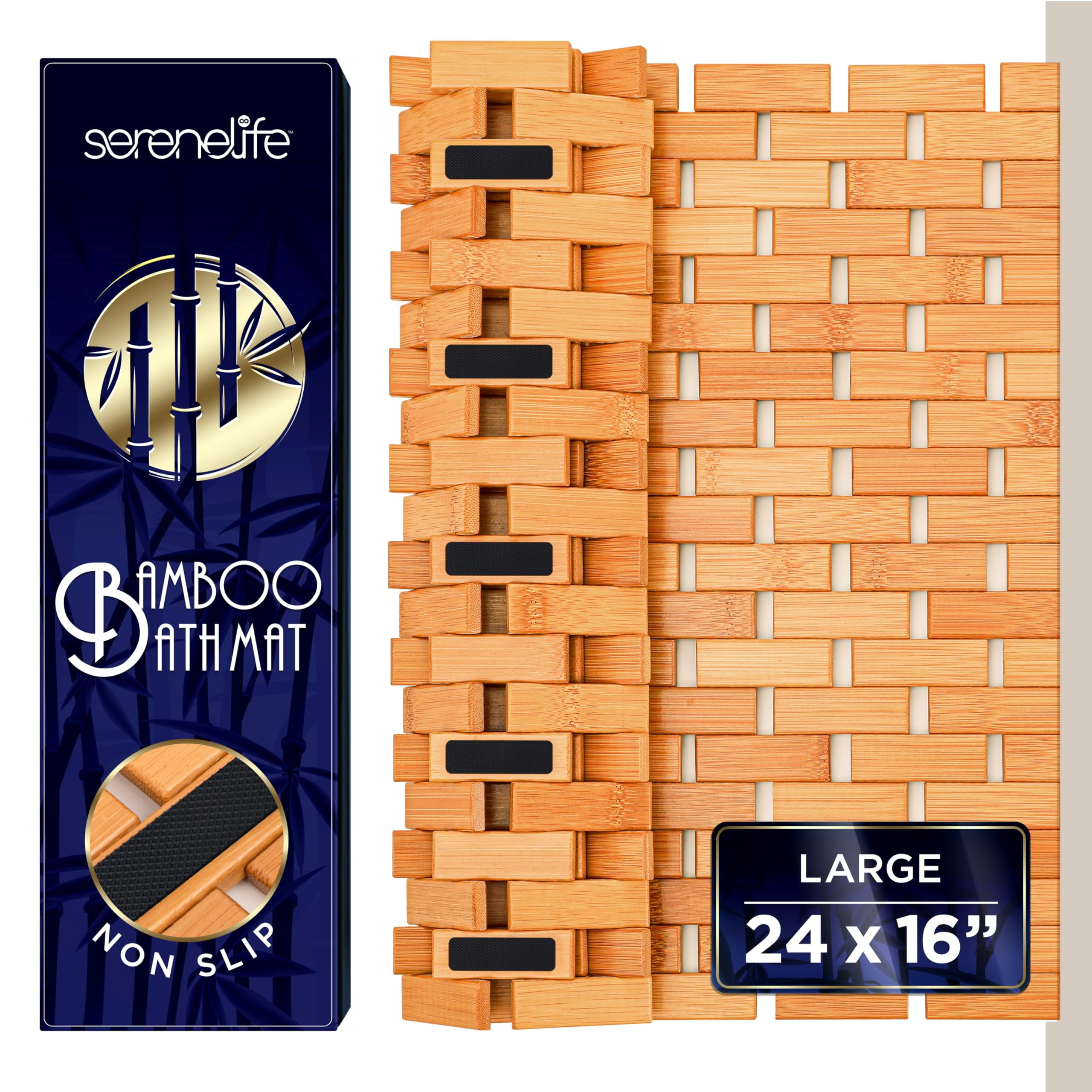SereneLife Bamboo Bath and Shower Mat, Non-Slip Floor Mat with Extra Grips, Slatted Design, Natural Finish for Bathroom, Spa, Sauna - Rollable and Easy to Clean