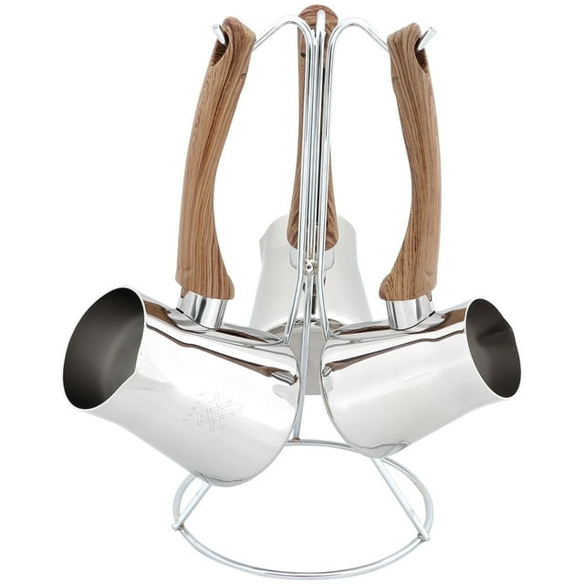 Serenk Turkish Coffee Pot Set, 4-Piece Stainless Steel w/Stand, 2-4 Cup Sizes, 18/10 Steel, Gas Stove Compatible